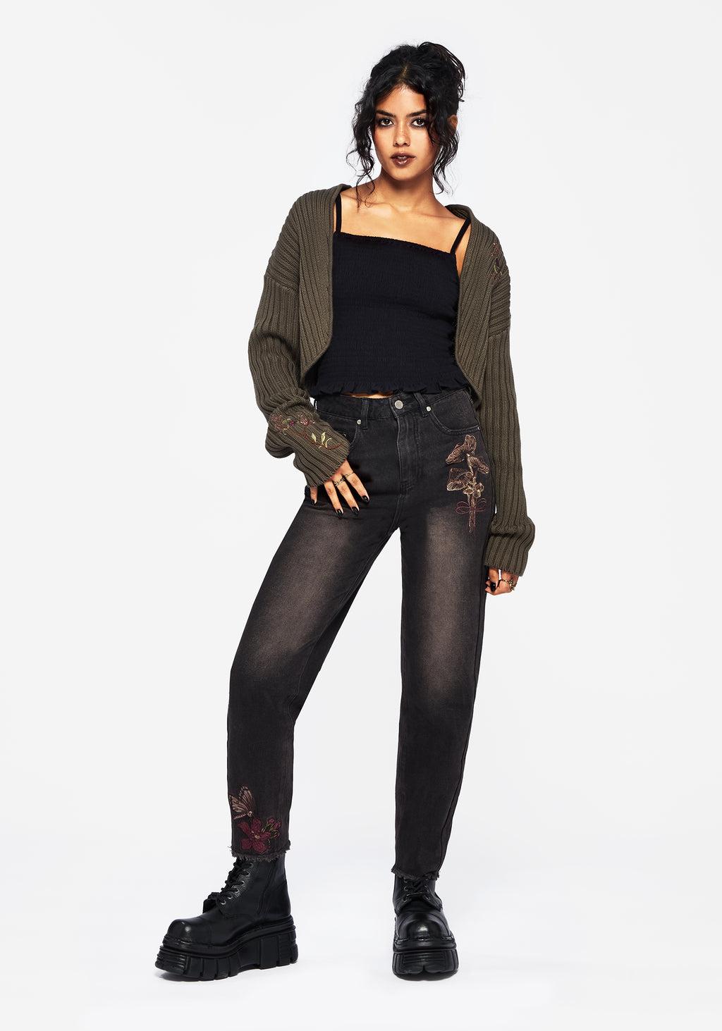 Valeria Floral Moth Embroidered Mom Jeans Product Image