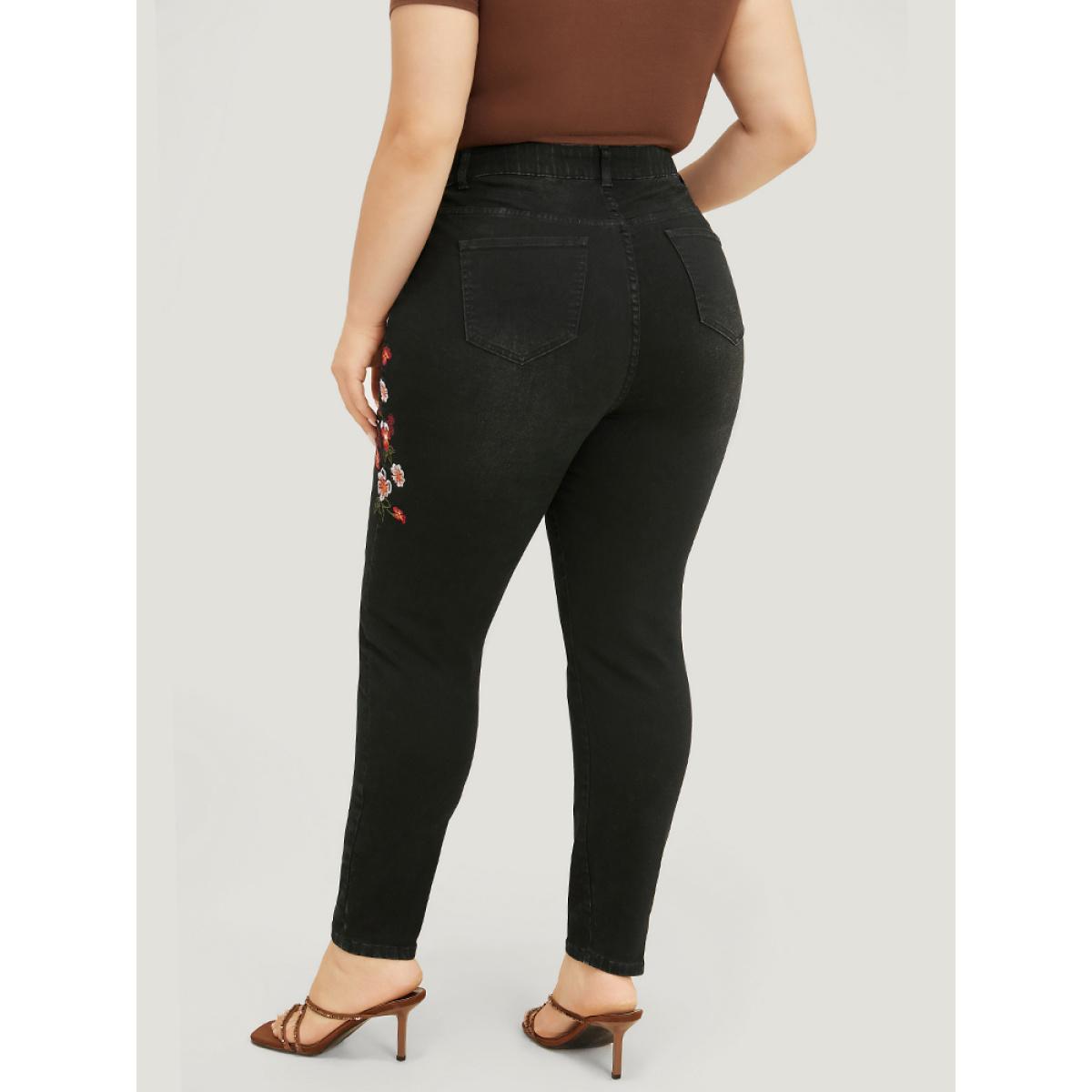 Plus Size Very Stretchy High Rise Black Wash Floral Embroidered Jeans Women Black Casual Plain Embroidered High stretch Pocket Jeans BloomChic 18/2X Product Image