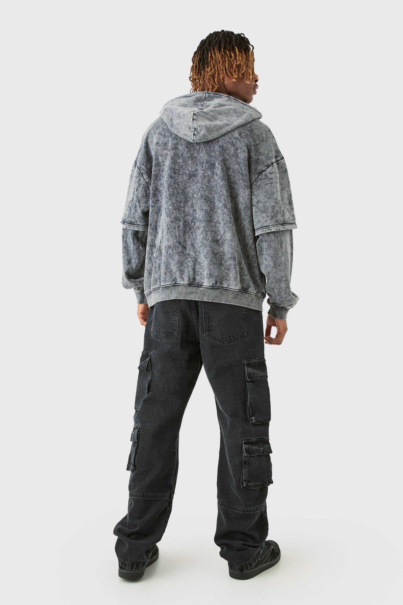 Tall Relaxed Fit Acid Wash Cargo Jeans | boohooMAN USA Product Image