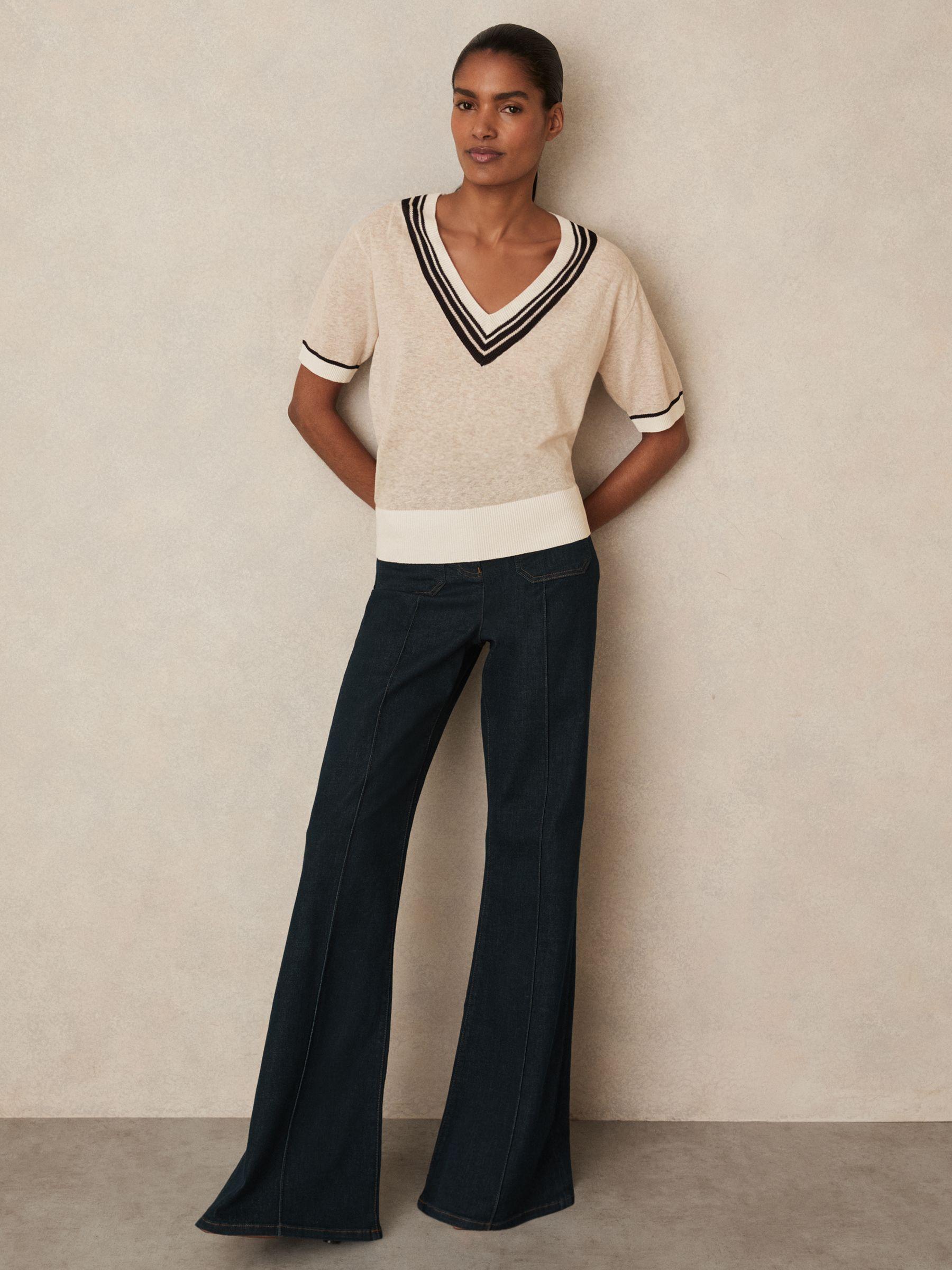 V-Neck Fine-Knit Cricket Top with Linen in Neutral Product Image