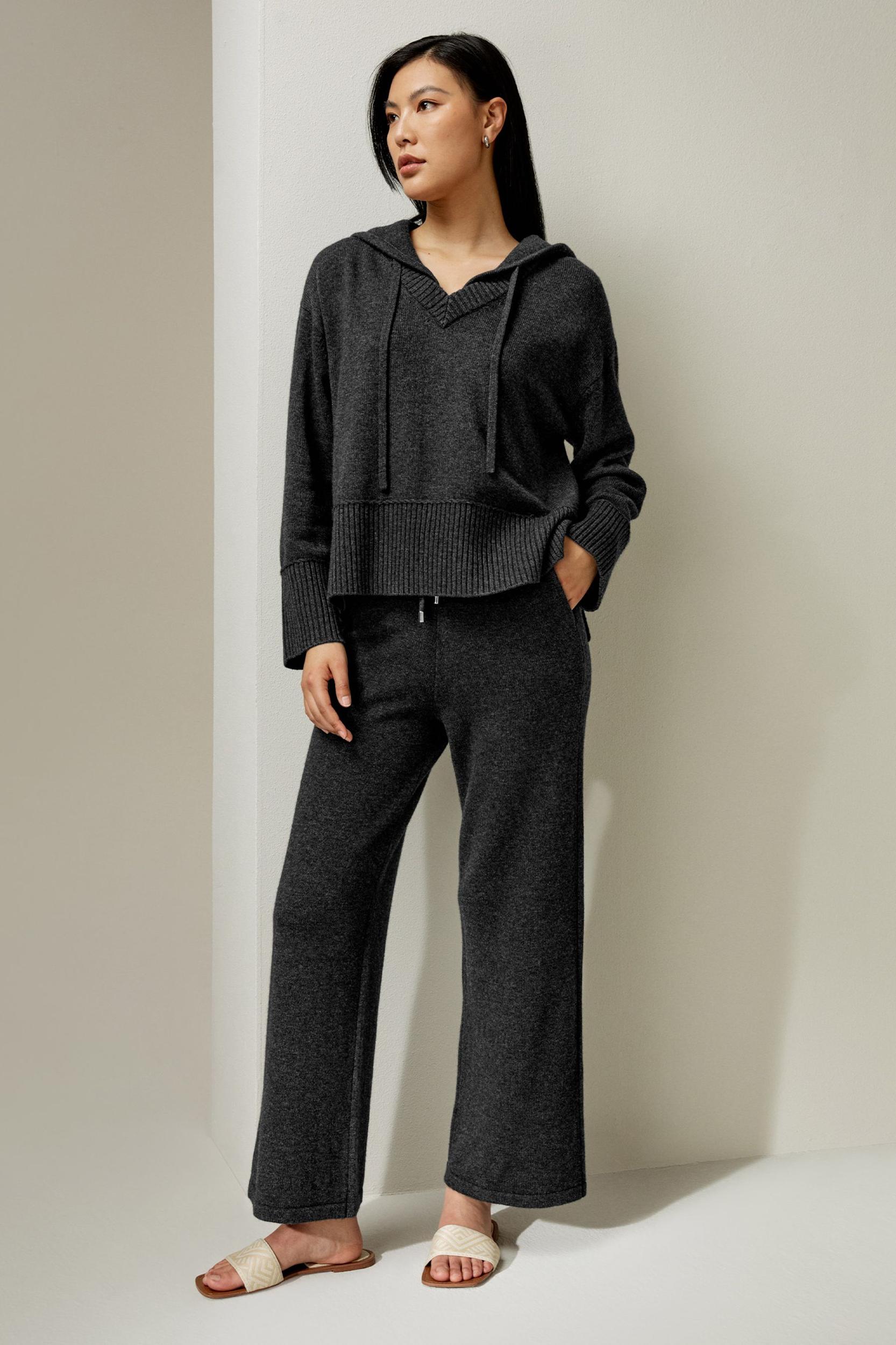 LILYSILK Wool Trousers Women - Dark Gray Wool Cashmere - Comfortable Plain Knit Pattern Trousers M Product Image