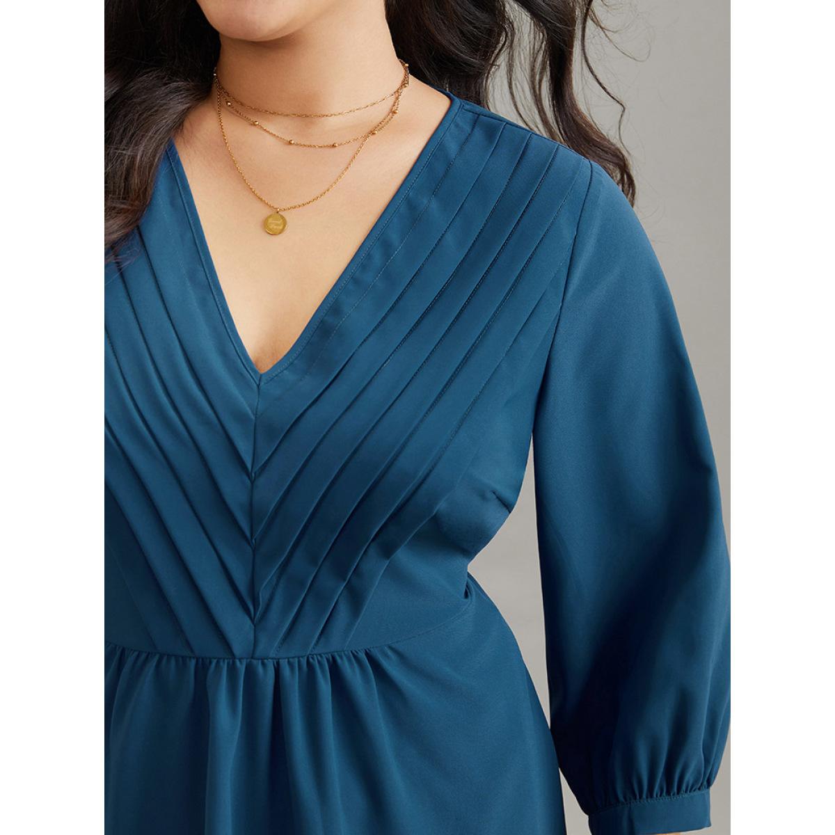 Plus Size Aegean Static-Free Elastic Waist Pleated Lantern Sleeve Blouse Women Office Elbow-length sleeve V-neck Office Blouses BloomChic 10/M Product Image