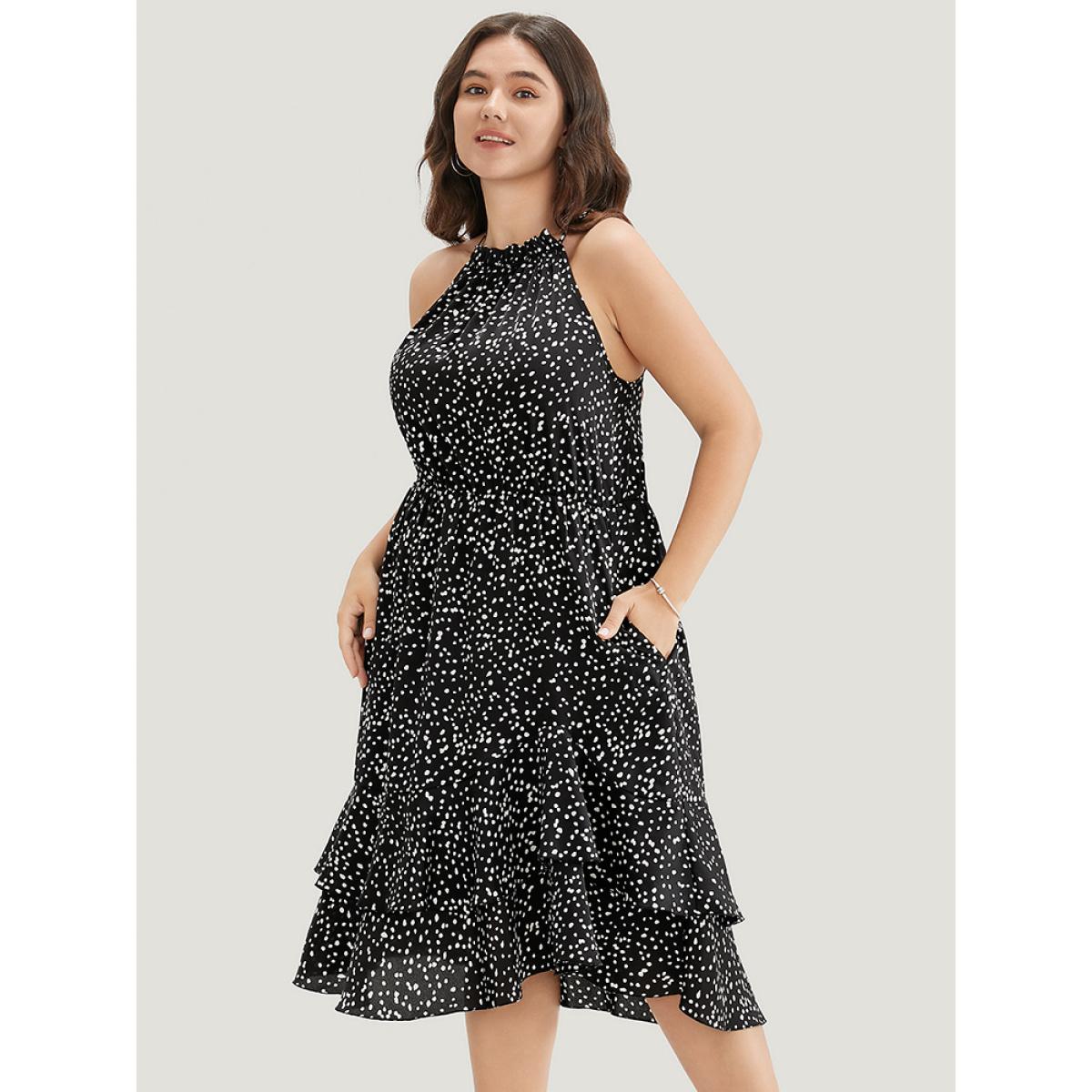 Plus Size Polka Dot Halter Neck Pocket Ruffle Tiered Dress Black Women Elegant Elastic Waist Halter neck Sleeveless Curvy Midi Dress BloomChic 26/4X Product Image