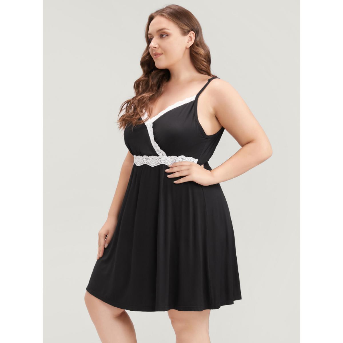 Plus Size Solid Contrast Lace Trim Cami Night Dress Women Black Elegant Plain Spaghetti Strap Loungewear BloomChic 10/M Product Image