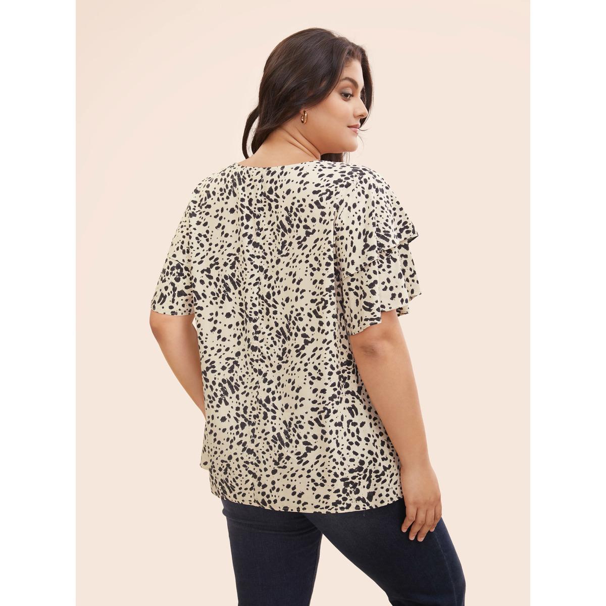 Plus Size Tan Leopard Crew Neck Ruffle Tiered Sleeve Blouse Women Elegant Short sleeve Round Neck Everyday Blouses BloomChic 14-16/1X Product Image
