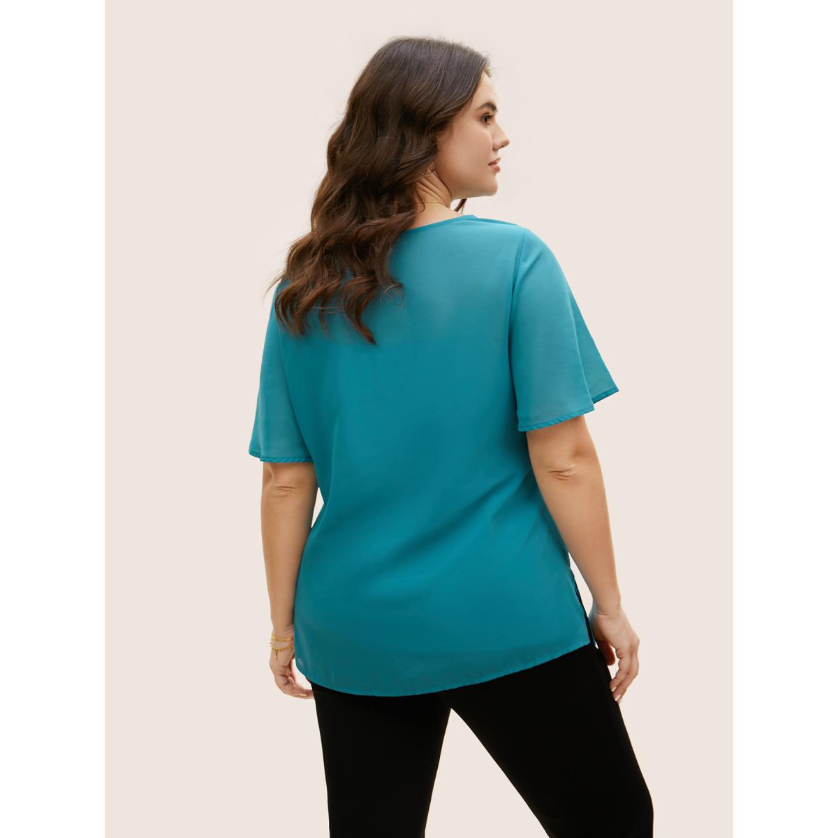 Plus Size Cerulean Cowl Neck Chiffon Mesh Flutter Sleeve Blouse Women Work From Home Half Sleeve Cowl Neck Work Blouses BloomChic 14-16/1X Product Image