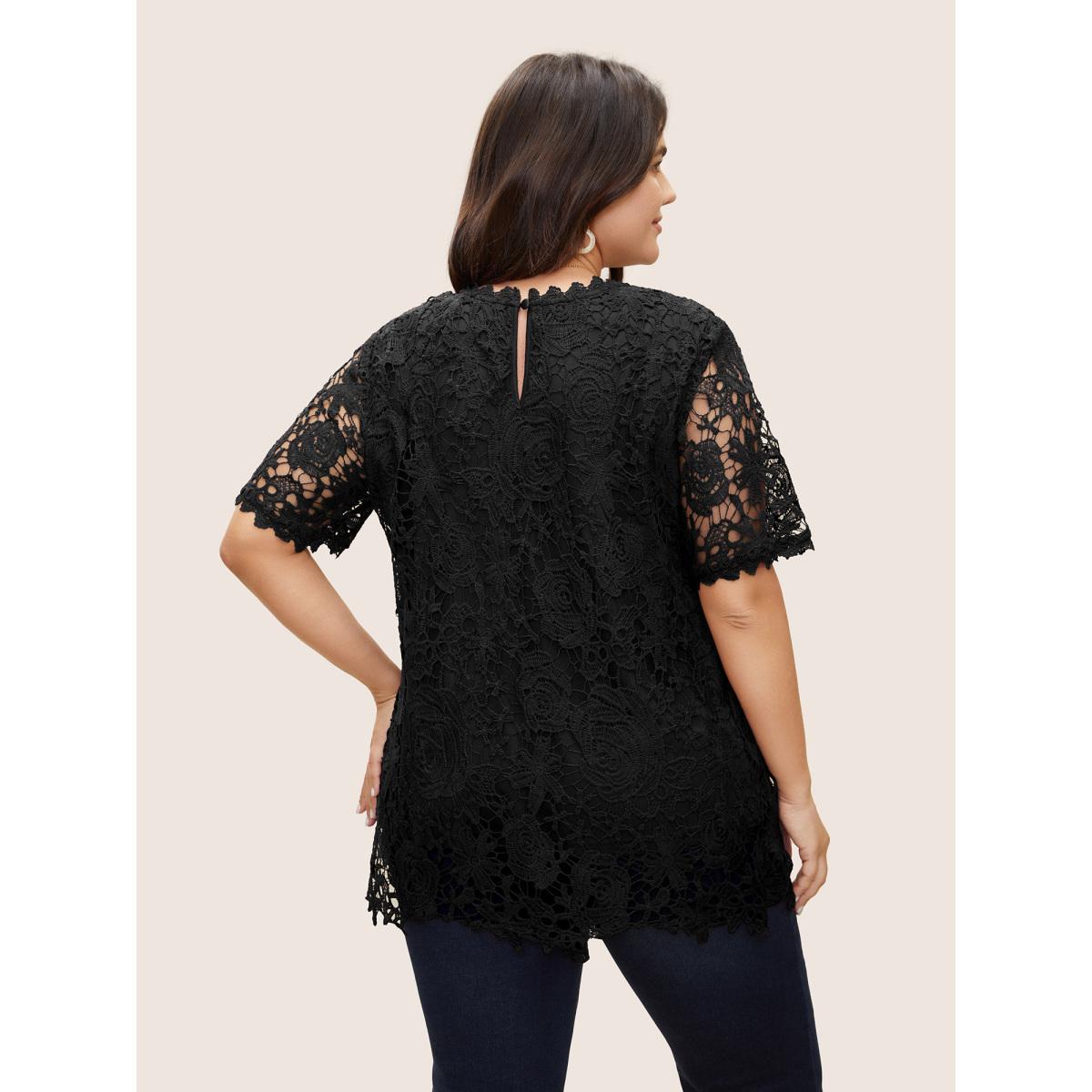 Plus Size Black Lace Panel Patchwork Cut Out Blouse Women Elegant Half Sleeve Round Neck Everyday Blouses BloomChic 14-16/1X Product Image