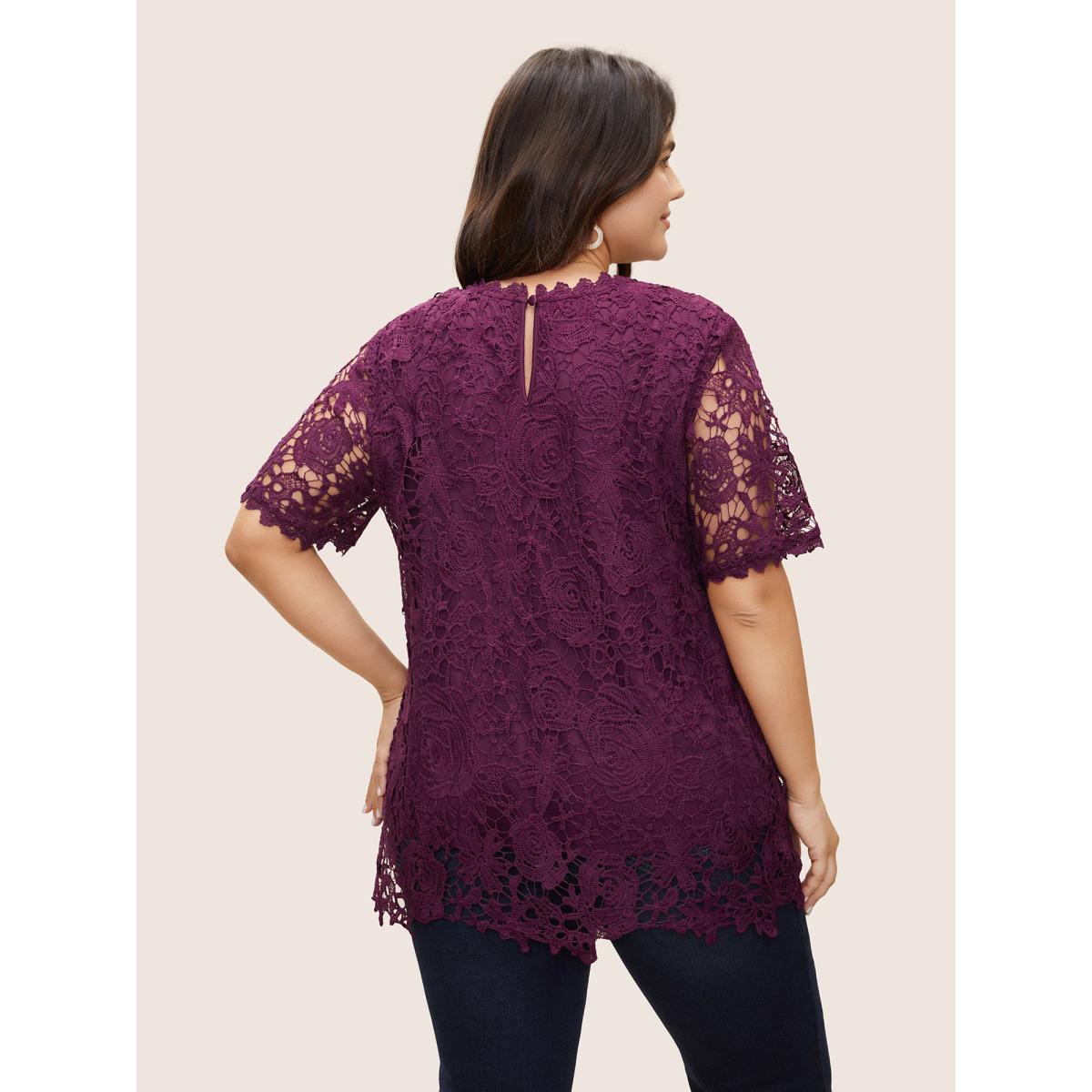Plus Size Purple Lace Panel Patchwork Cut Out Blouse Women Elegant Half Sleeve Round Neck Everyday Blouses BloomChic 12/L Product Image