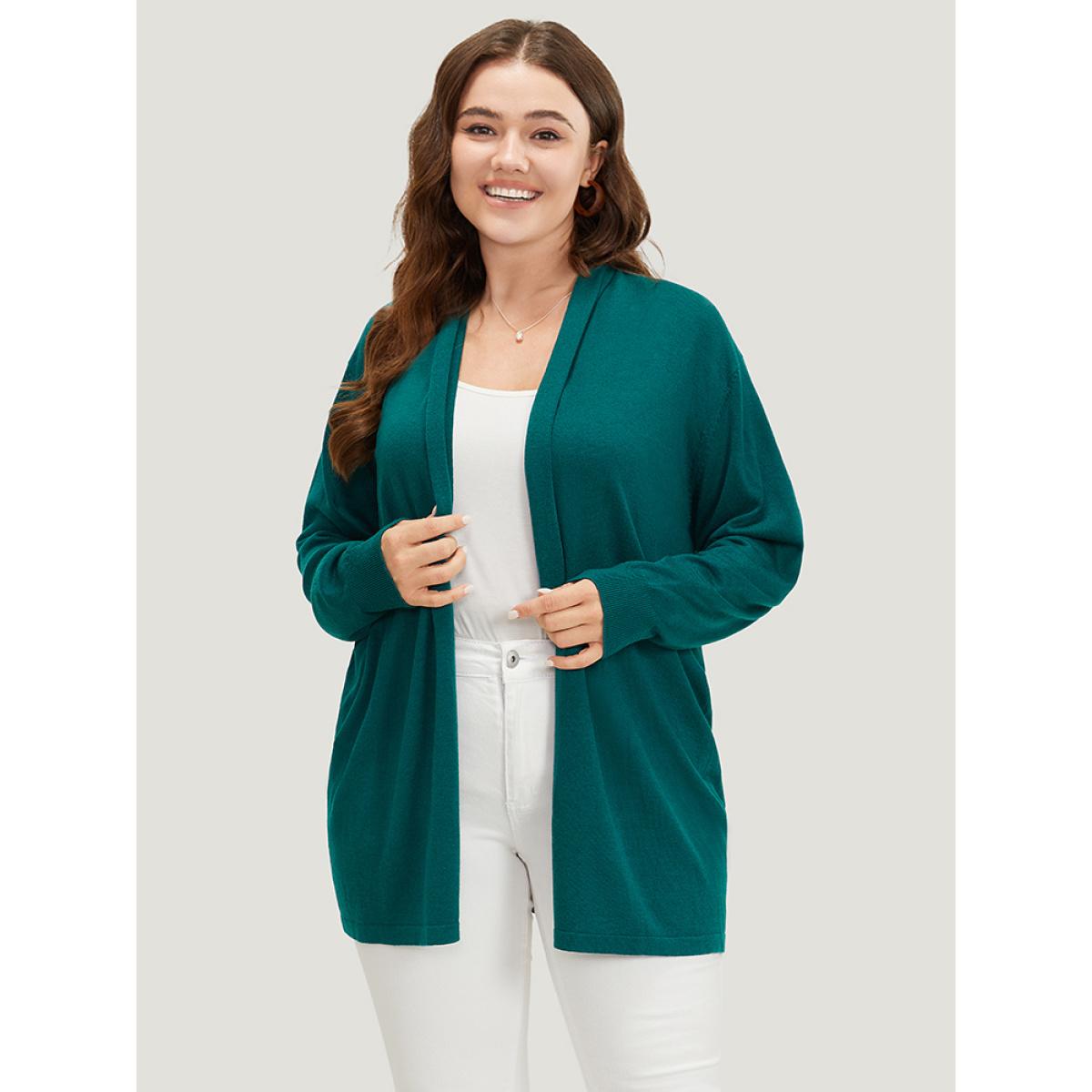 Plus Size Supersoft Essentials Plain Open Front Elastic Cuffs Cardigan Cyan Women Casual Long Sleeve Everyday Cardigans BloomChic 10/M Product Image