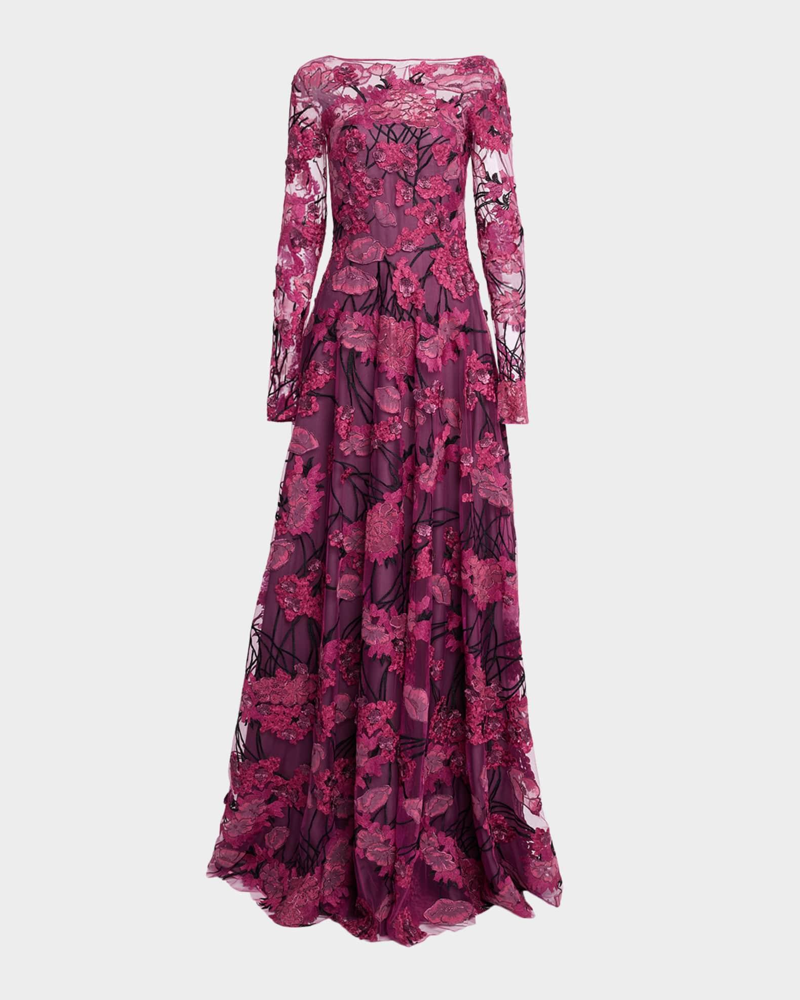 Floral Embroidered Long-Sleeve Illusion Gown Product Image