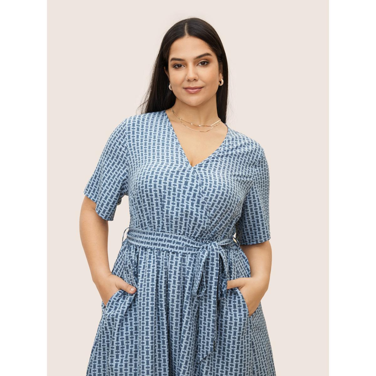 Plus Size Geometric Overlap Collar Elastic Waist Belted Dress Blue Women At the Office Overlapping Overlap Collar Half Sleeve Curvy Midi Dress BloomChic 14-16/1X Product Image