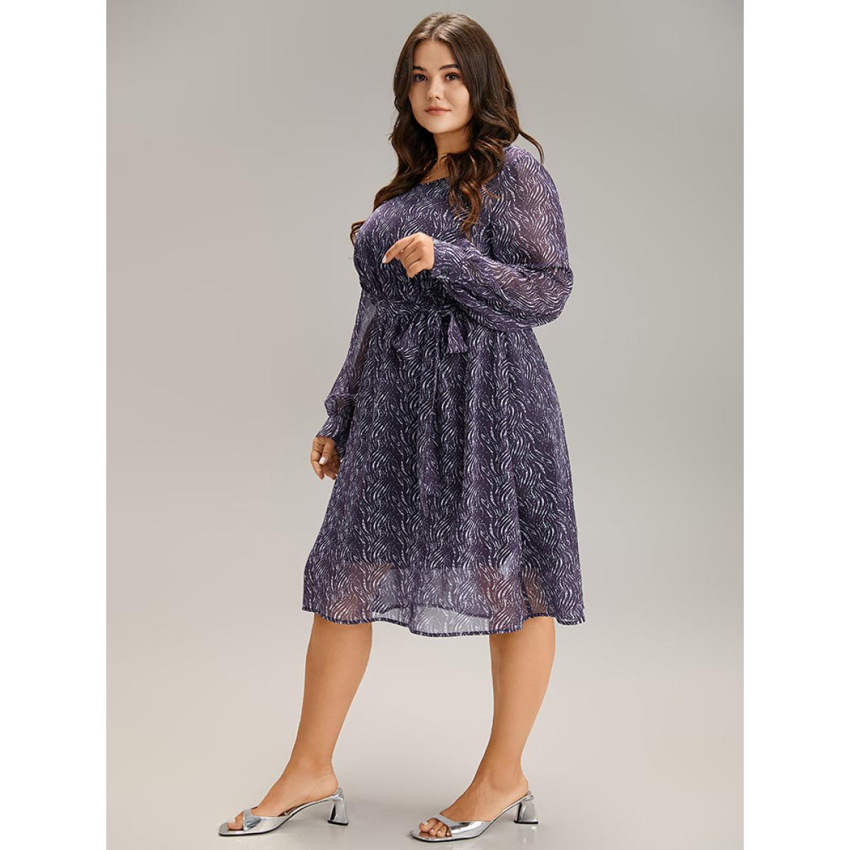 Plus Size Geometric Mesh Elastic Waist Belted Dress Indigo Women Office See through Round Neck Long Sleeve Curvy Midi Dress BloomChic 14-16/1X Product Image