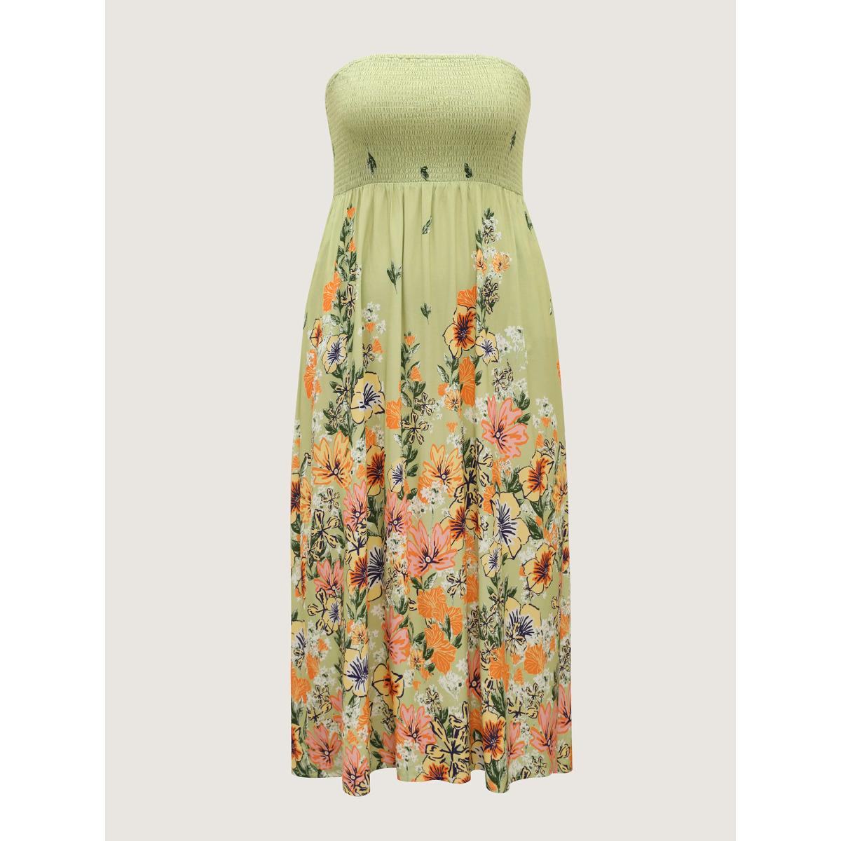 Plus Size Shirred Off-Sleeve Floral Print Maxi Dress Greenbean Women Resort Strapless Sleeveless Curvy BloomChic 30/6X Product Image