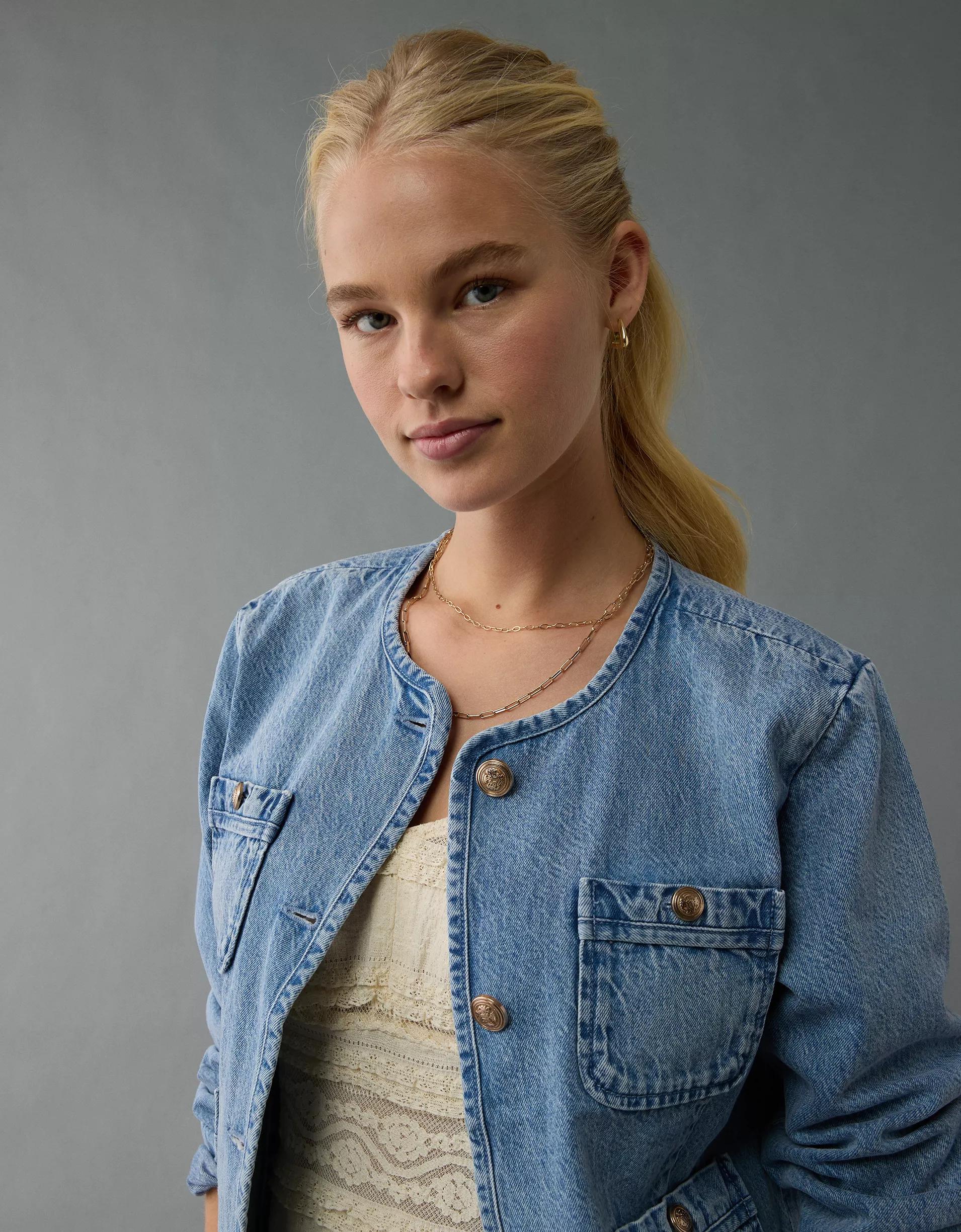 AE Collarless Denim Jacket Product Image