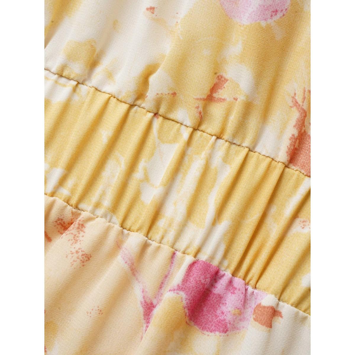 Plus Size Watercolor Floral Cross Straps Gathered Dress Lightyellow Women Elegant Gathered Square Neck Half Sleeve Curvy BloomChic 14-16/1X Product Image