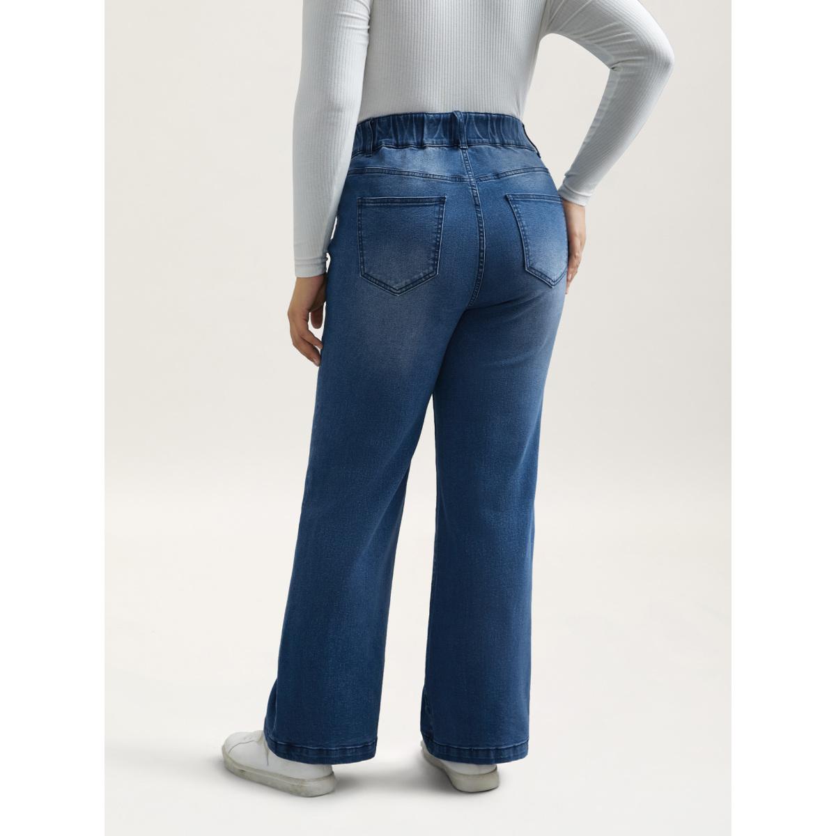 Plus Size Whiskered Stretchy Waist Bootcut Jeans Women Midblue Leisure Button Medium stretch Slanted pocket Jeans BloomChic 24/3X Product Image