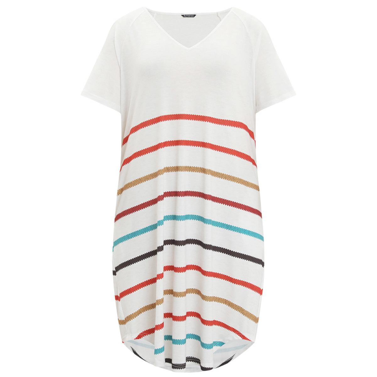 Plus Size Rainbow Striped Pocket Curved Hem Dress White Women Casual Contrast V-neck Short sleeve Curvy Midi Dress BloomChic 18-20/2X Product Image
