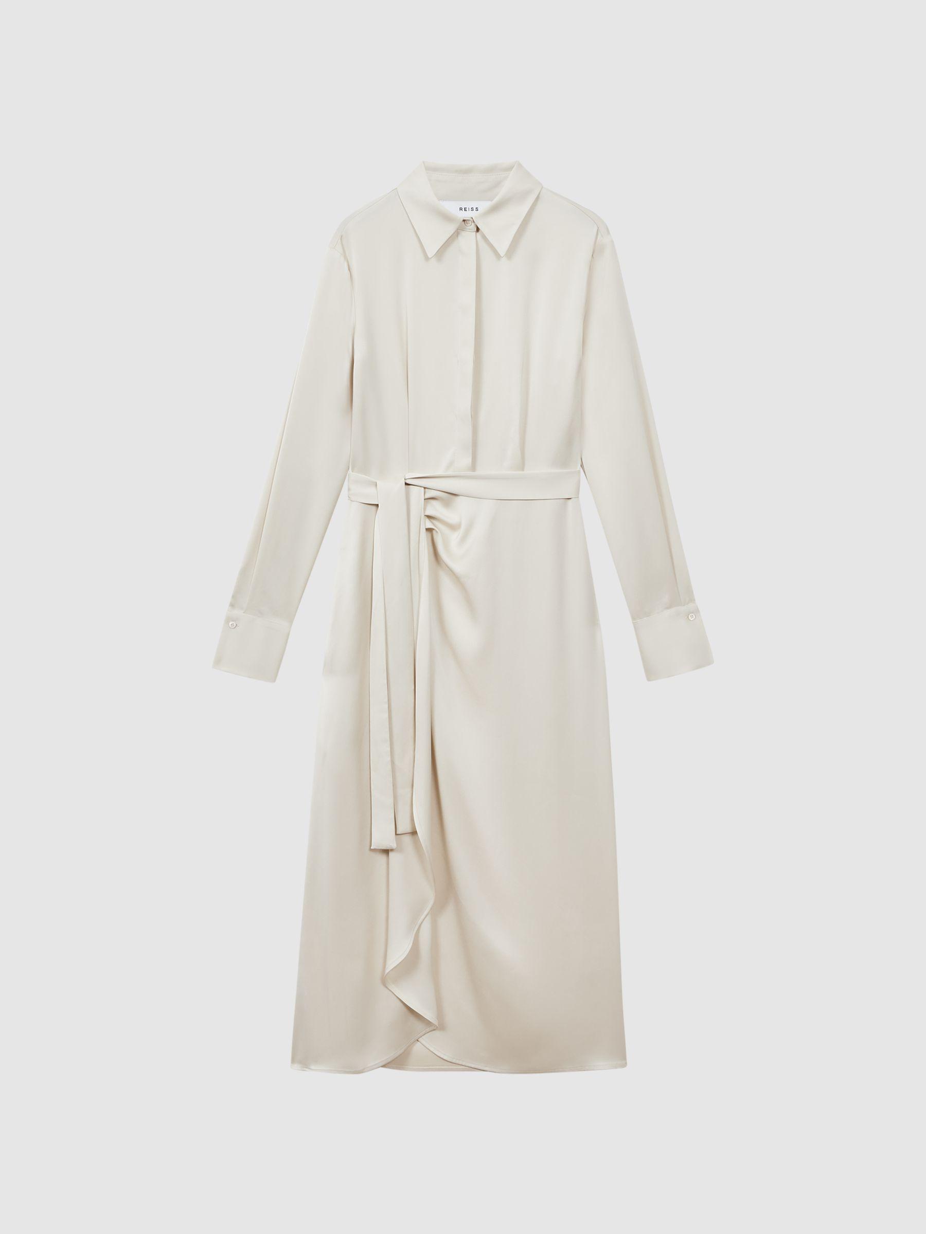 Satin Shirt-Style Midi Dress in Cream Product Image