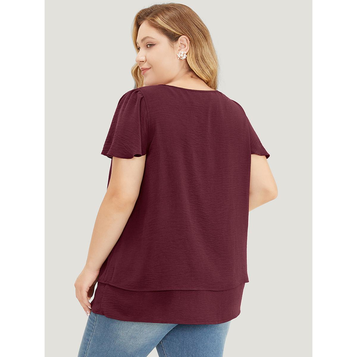 Plus Size Scarlet Solid Flutter Sleeve Keyhole Layered Hem Blouse Women Office Short sleeve V-neck Work Blouses BloomChic 18-20/2X Product Image