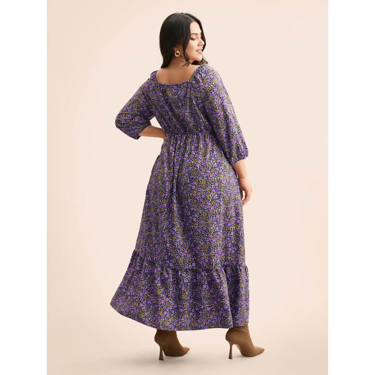 Plus Size Ditsy Floral Woven Ribbon Maxi Dress Deeppurple Women Elegant Woven ribbon&lace trim Heart neckline Elbow-length sleeve Curvy BloomChic 26/4X Product Image