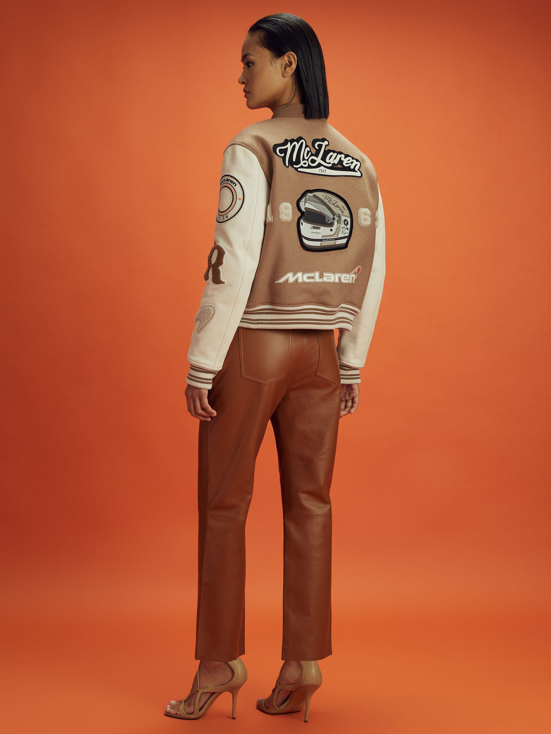 McLaren F1 Leather Varsity Jacket in Camel/Ecru Product Image