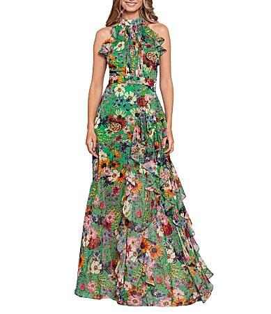 Betsy  Adam Halter Neck Sleeveless Ruffle Front Floral Chiffon Maxi Dress Product Image