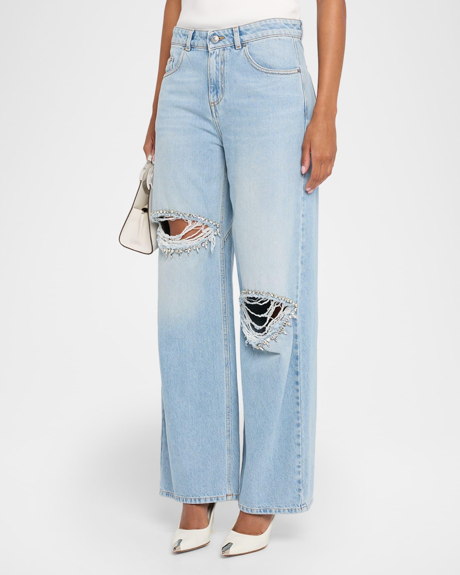 Crystal Distressed Slit Wide-Leg Jeans Product Image