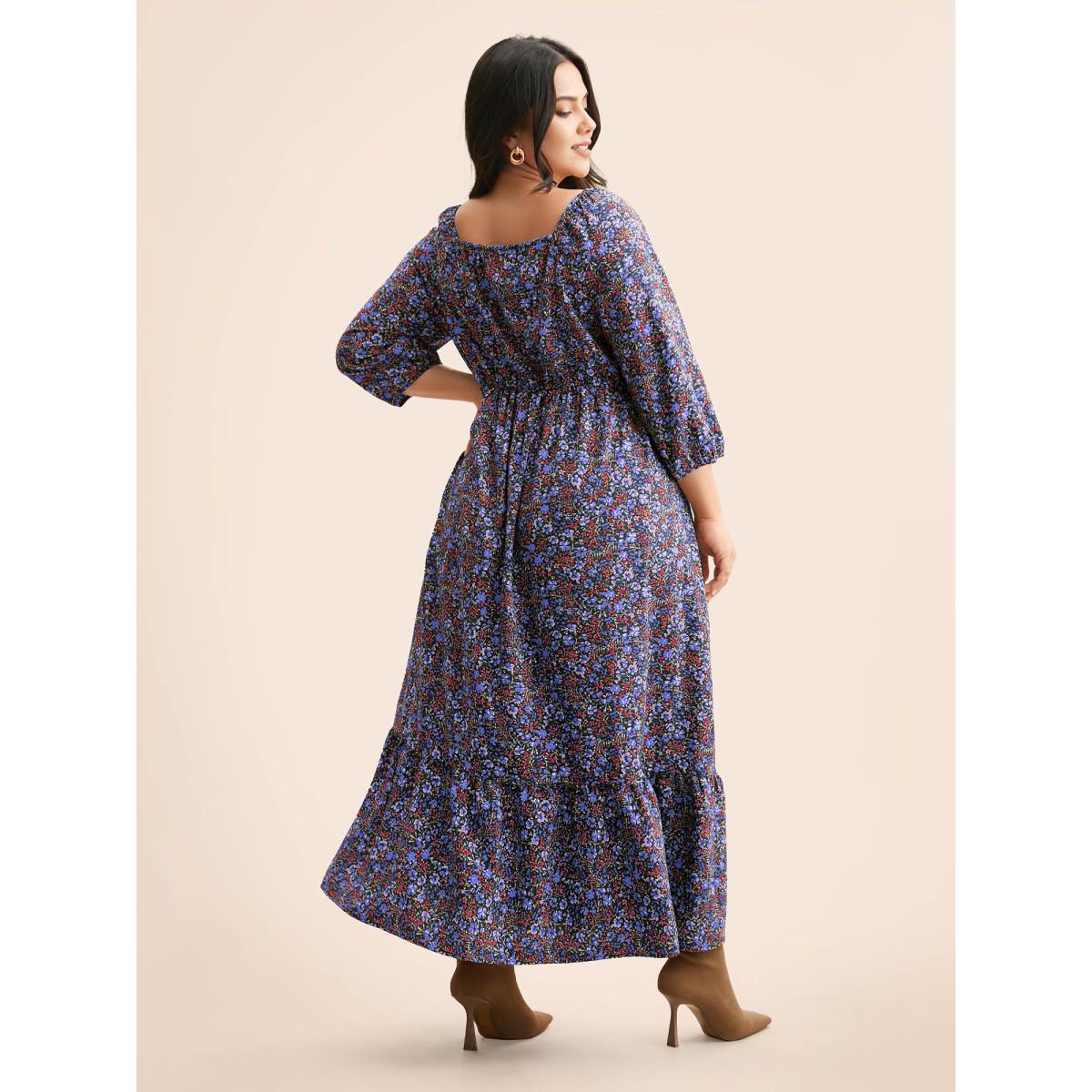 Plus Size Ditsy Floral Woven Ribbon Maxi Dress DarkBlue Women Timeless Woven ribbon&lace trim Heart neckline Elbow-length sleeve Curvy BloomChic 22-24/3X Product Image