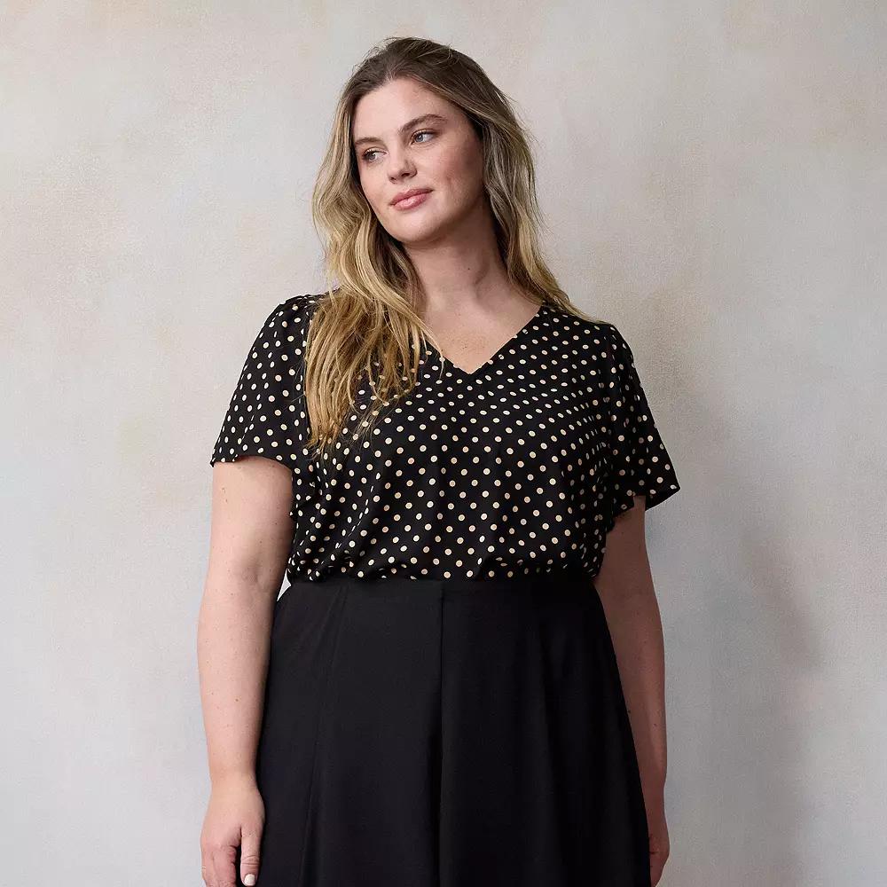 Plus Size LC Lauren Conrad Flutter Sleeve V-Neck Top, Women's, Size: 3XL, Black Clara Dot Product Image