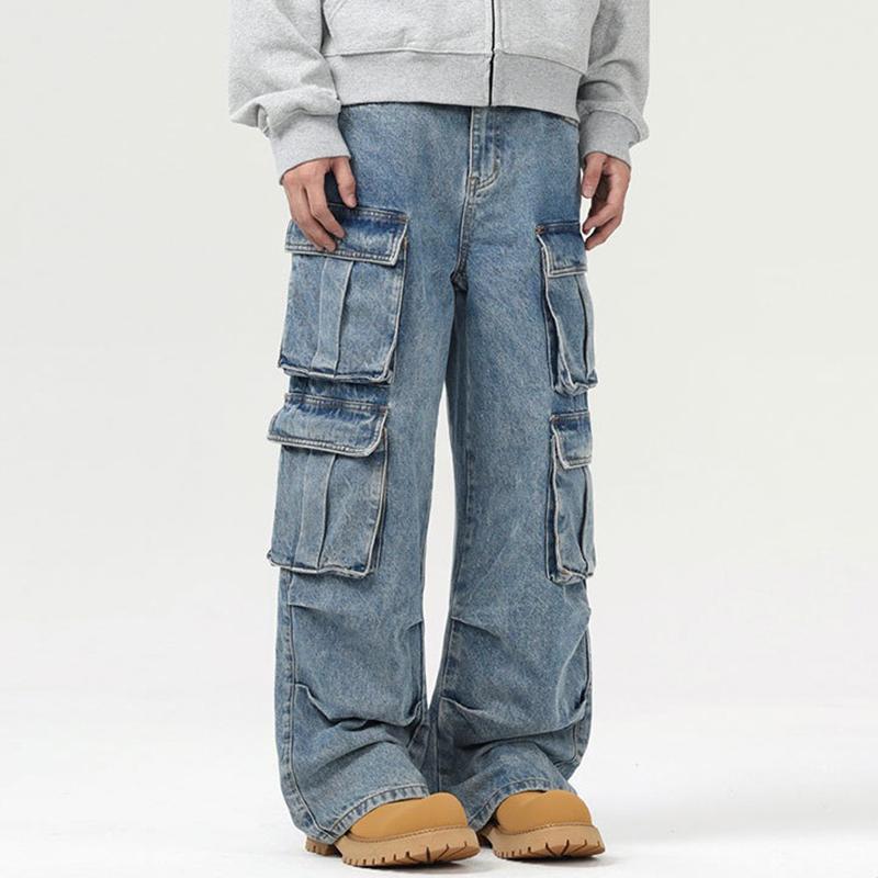 Unisex Men's Street Straight Leg Washed Multi-Pocket Work Jeans Product Image