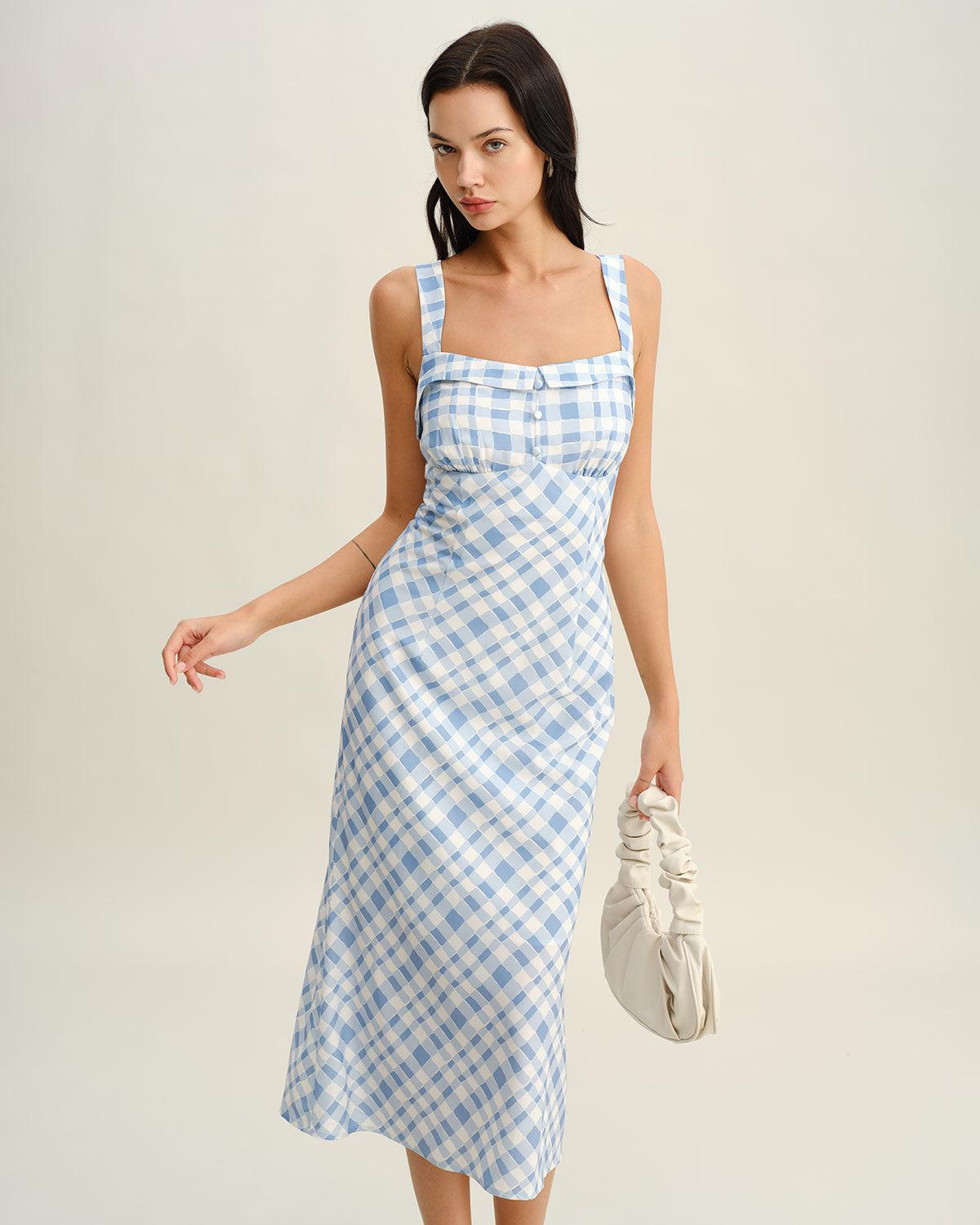 Blue Plaid Square Neck Slip Midi Dress Product Image