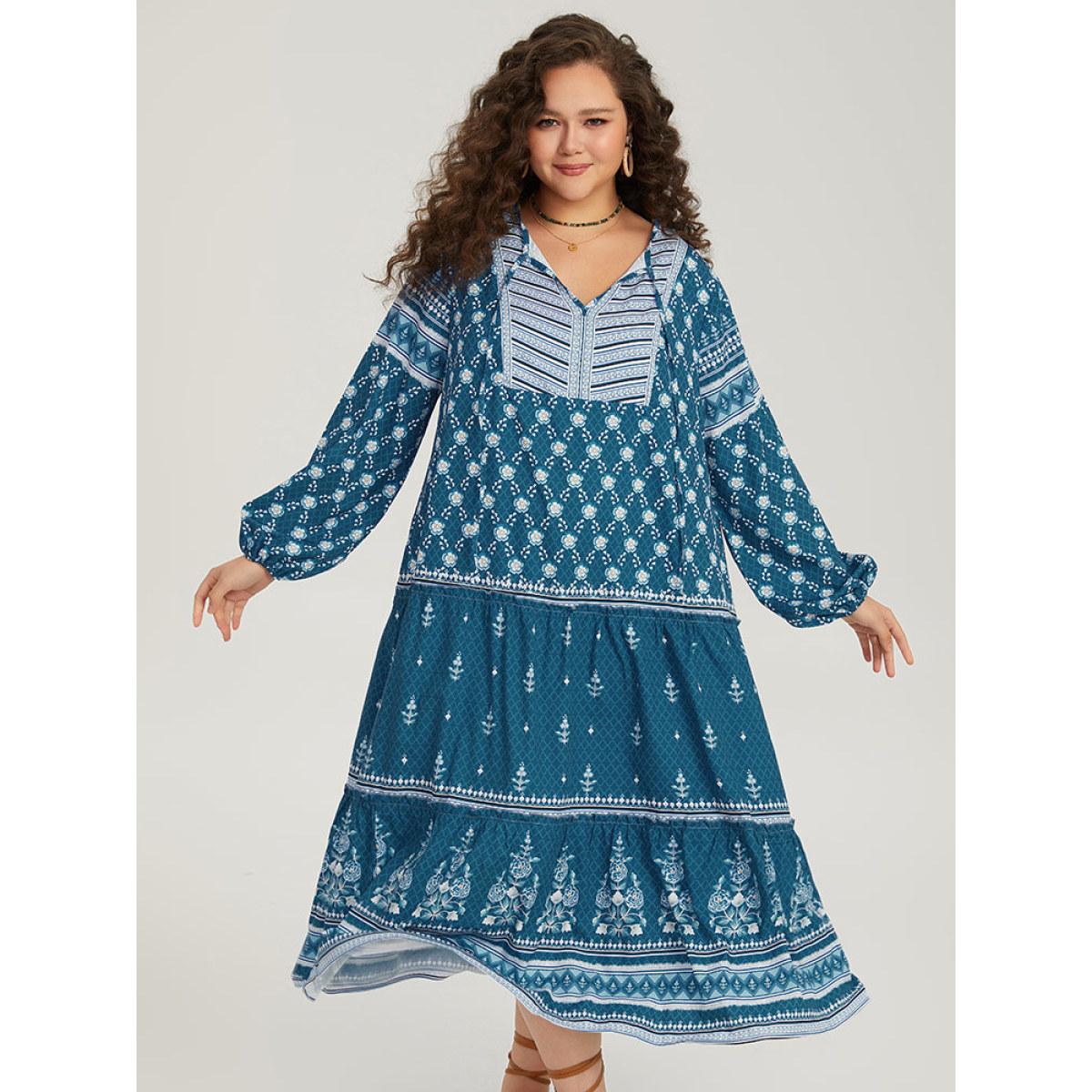 Plus Size Bandana Print Knot Neck Lantern Sleeve Dress Aegean Women Vacation Elastic cuffs Tie Neck Long Sleeve Curvy Midi Dress BloomChic 14-16/1X Product Image