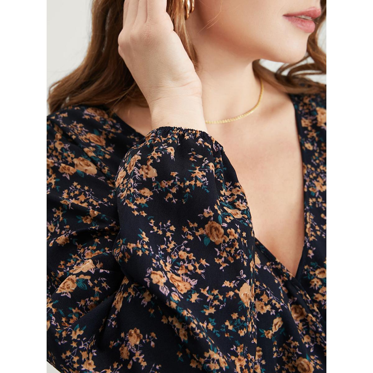Plus Size Indigo Floral Wrap Lantern Sleeve High Low Hem Blouse Without Hat Women Elegant Long Sleeve V-neck Dailywear Blouses BloomChic 26/4X Product Image