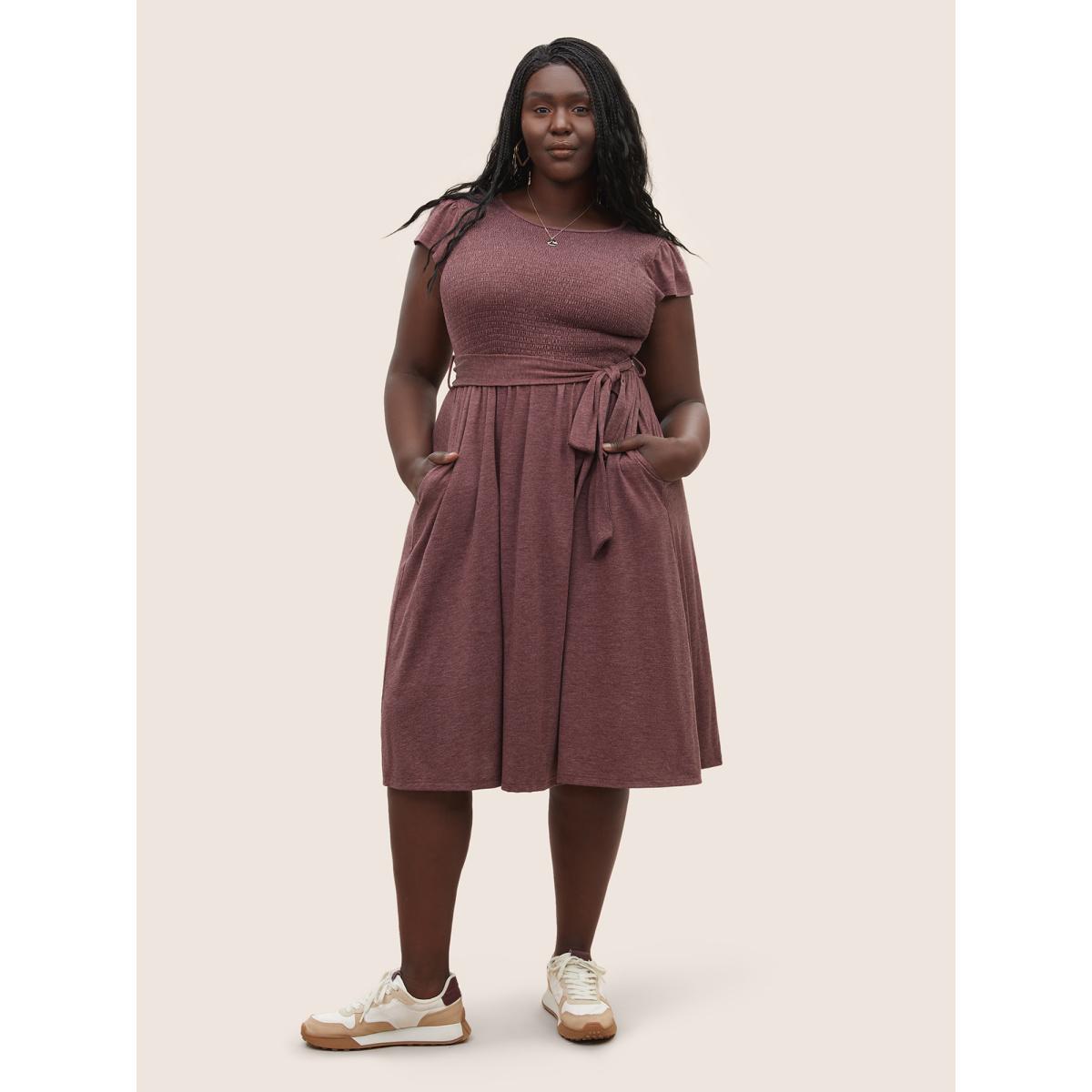 Plus Size Supersoft Essentials Shirred Ruffle Cap Sleeve Dress Scarlet Women Basics Non Round Neck Cap Sleeve Curvy Midi Dress BloomChic 18-20/2X Product Image
