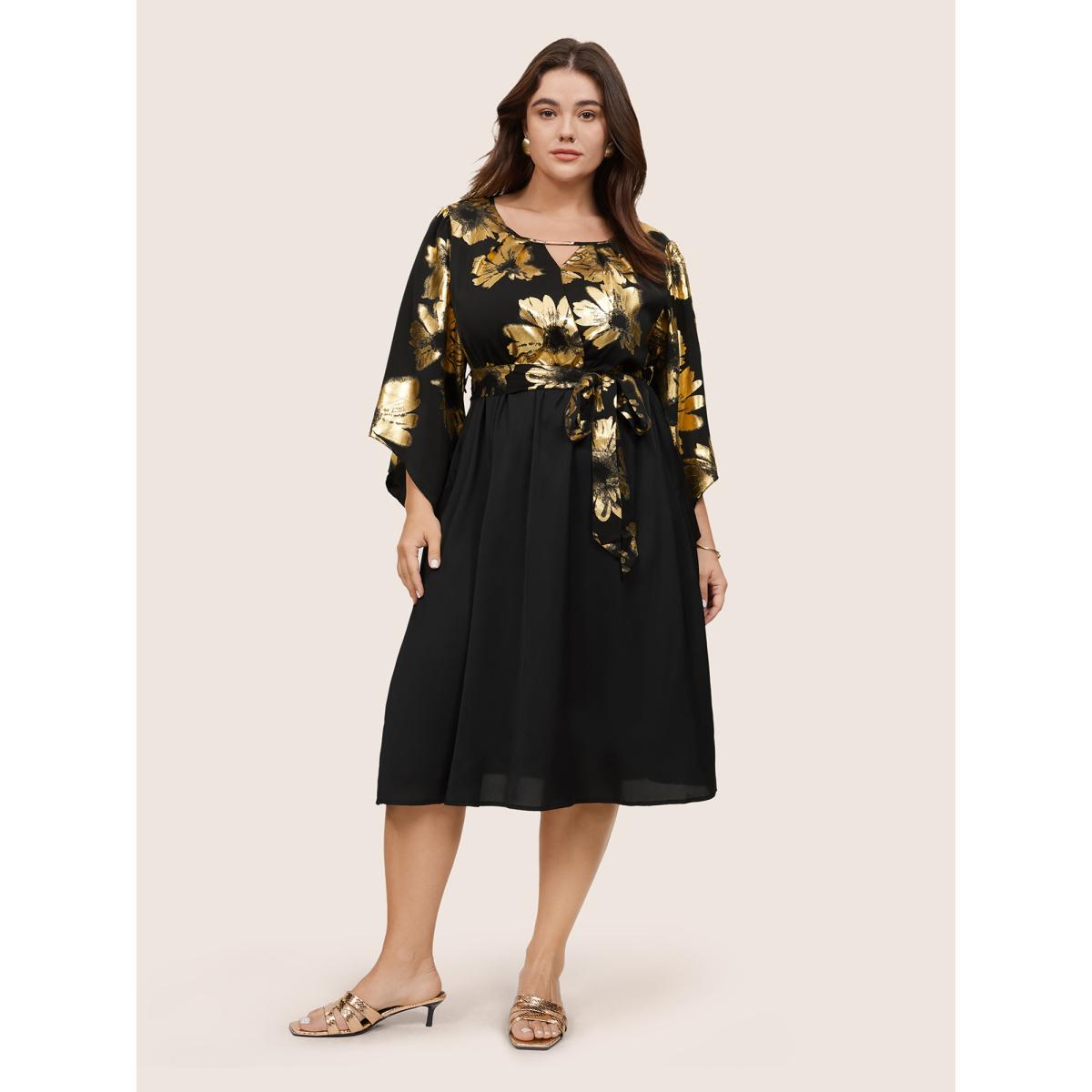 Plus Size Floral Glitter Belted Keyhole Flutter Sleeve Dress Black Women Glamour Gathered Keyhole Cut-Out Elbow-length sleeve Curvy Midi Dress BloomChic 28/5X Product Image