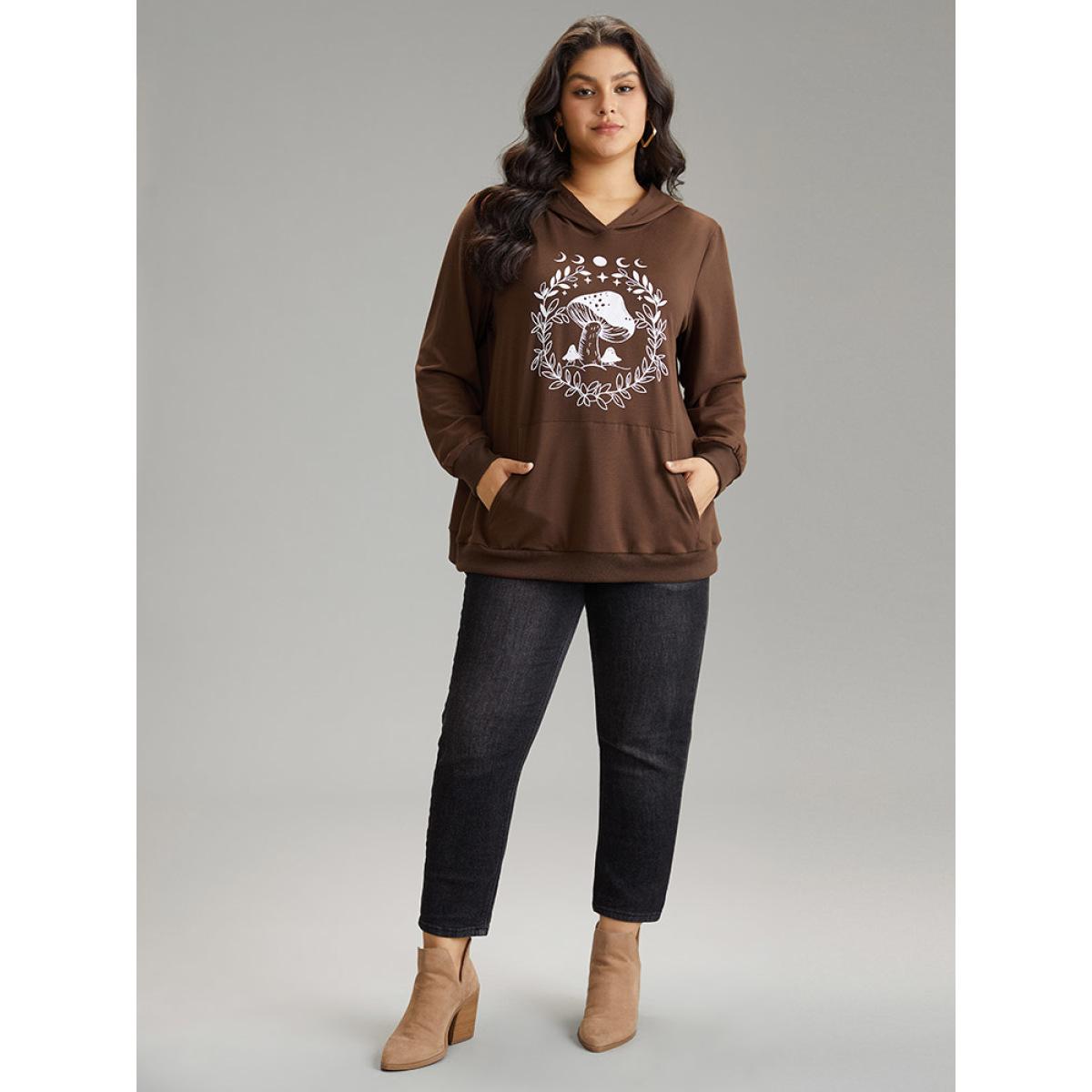 Plus Size Plants Print Hooded Kangaroo Pocket Sweatshirt Women DarkBrown Casual Printed Dailywear Sweatshirts BloomChic 18-20/2X Product Image