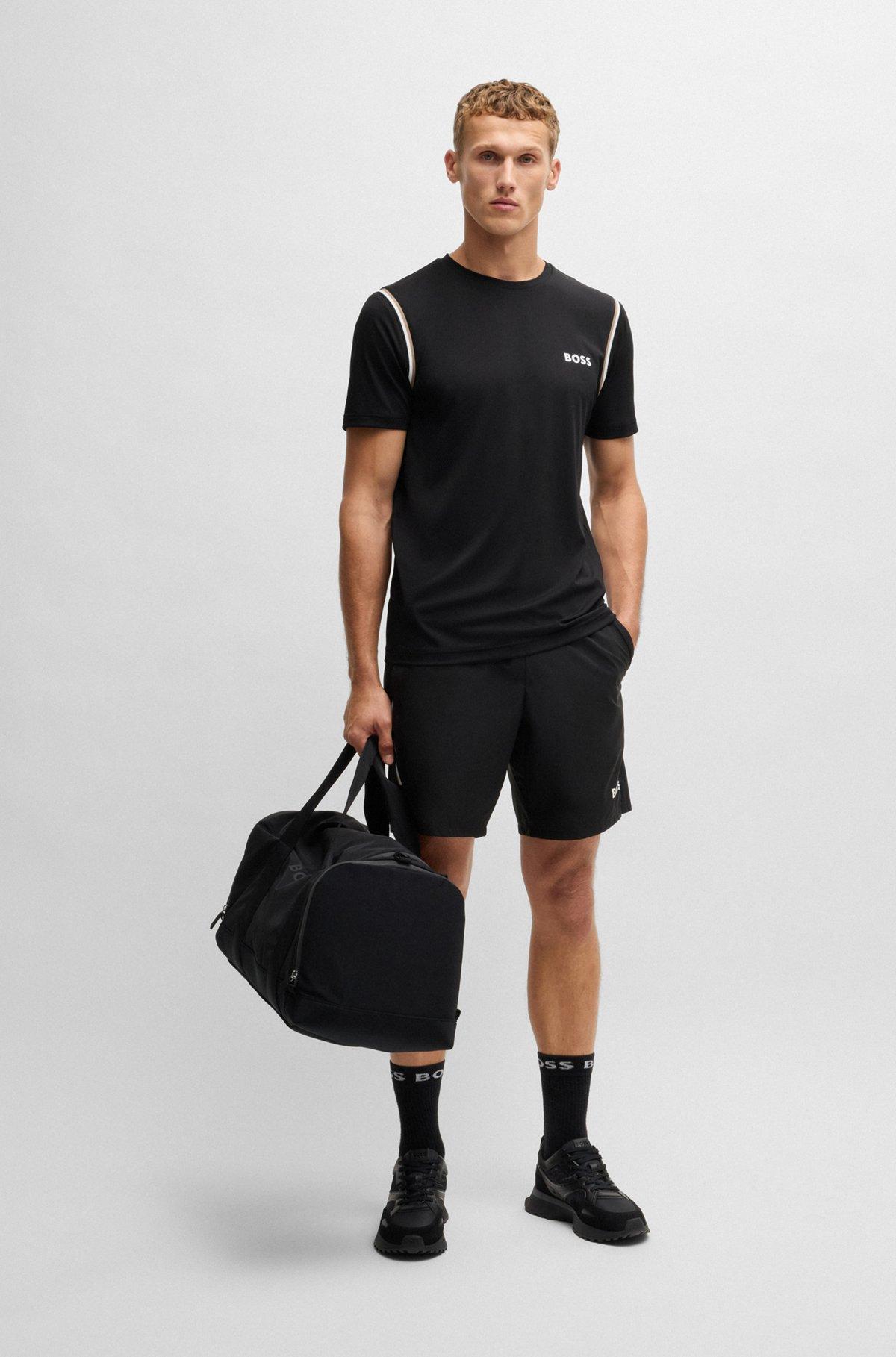 BOSS - Active waffle-structure T-shirt with signature stripes - Black Product Image