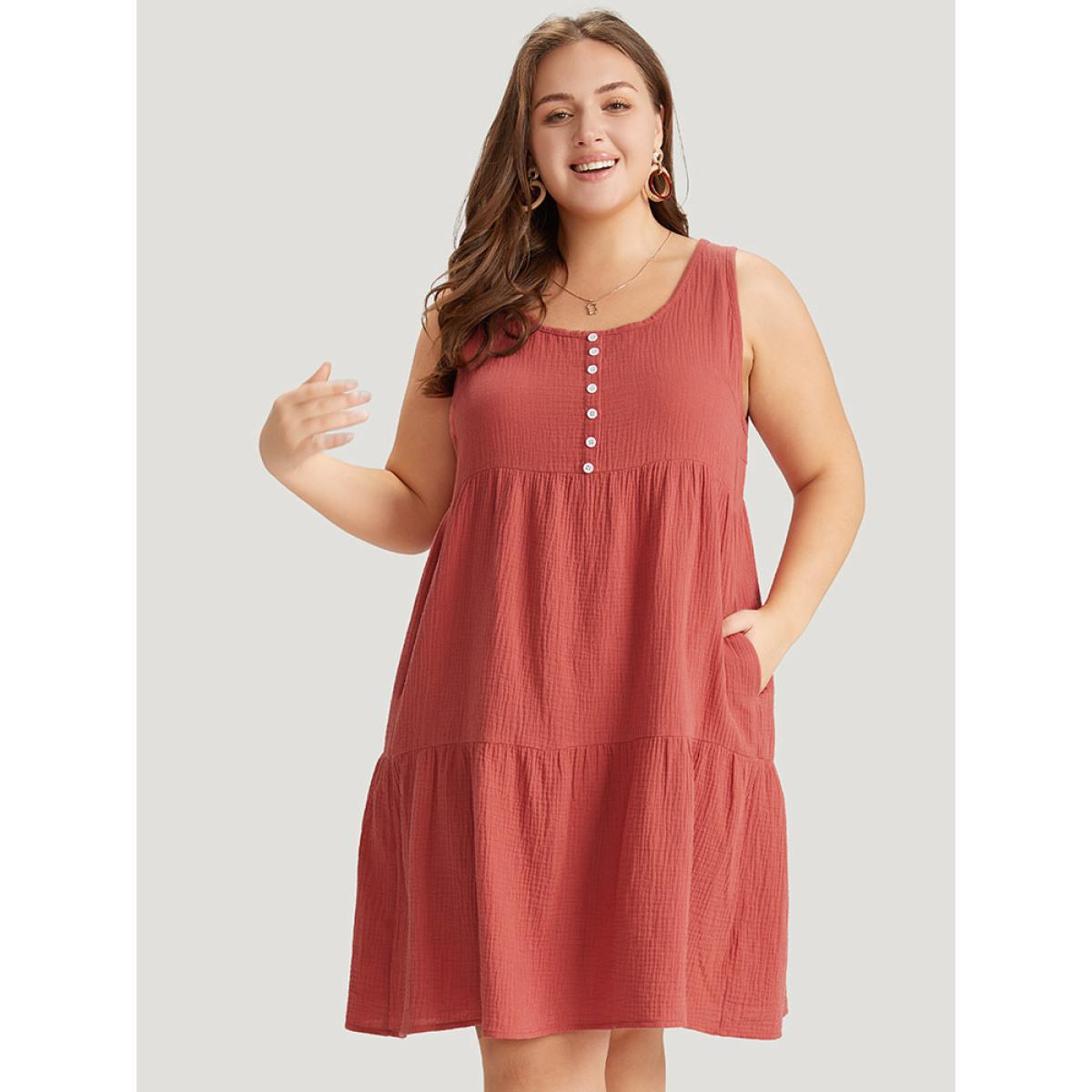 Plus Size Solid Button Detail Layered Hem Tank Dress Rust Women Vacation Button Round Neck Sleeveless Curvy Knee Dress BloomChic 12/L Product Image