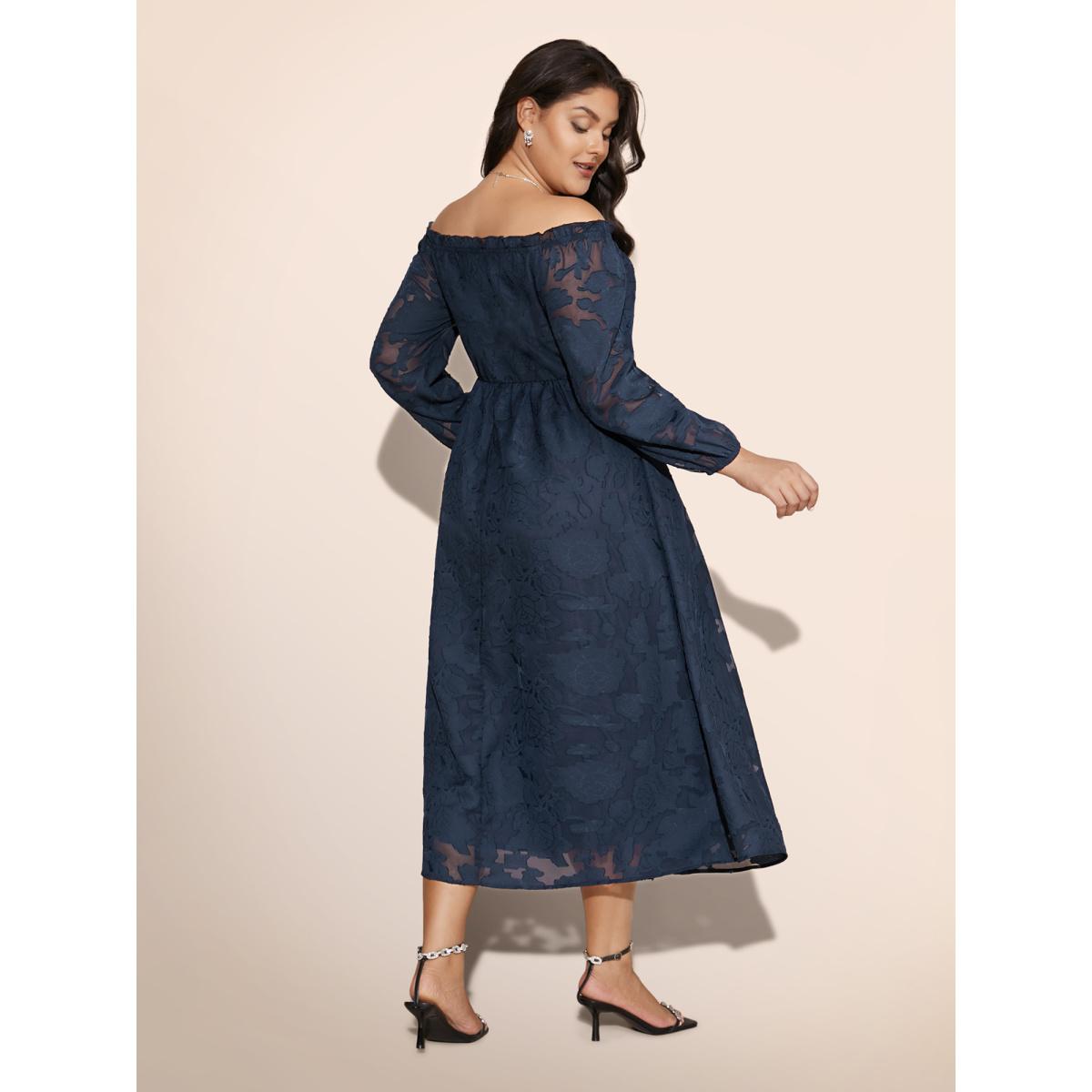 Plus Size Off Shoulder Shirred Frill Trim Dress Navy Women Cocktail Texture One-shoulder neck Long Sleeve Curvy BloomChic 30/6X Product Image