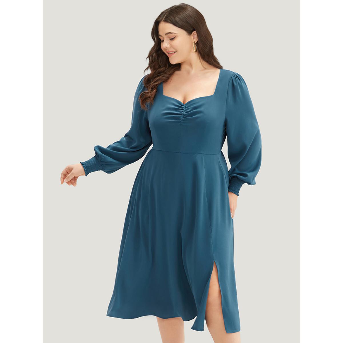 Plus Size Plain Shirred Ruched Split Side Dress Aegean Women Elegant Plain Square Neck Long Sleeve Curvy Midi Dress BloomChic 14-16/1X Product Image