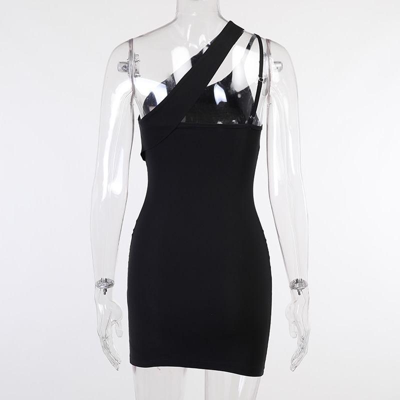 Sleeveless One-Shoulder Plain Asymmetrical Mini Bodycon Dress Product Image