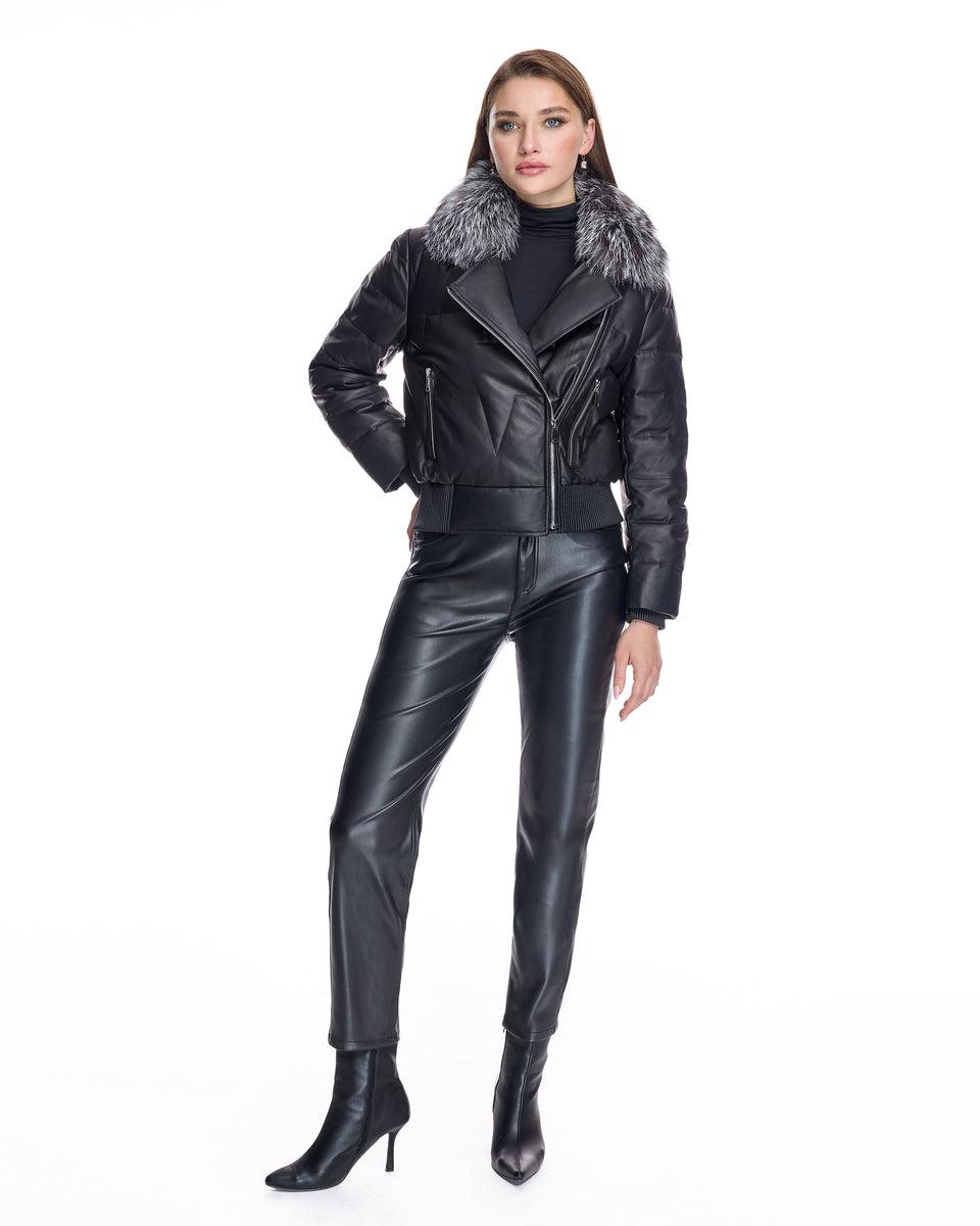 Leather Bomber Jacket With Silver Fox Collar Product Image