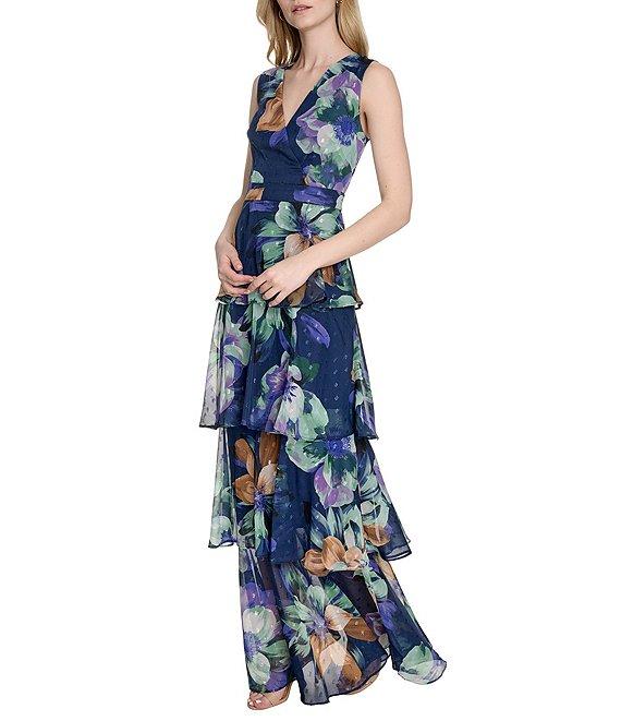 Eliza J V-Neck Sleeveless Floral Print Metallic Clip Dot Chiffon Tiered Maxi Dress Product Image