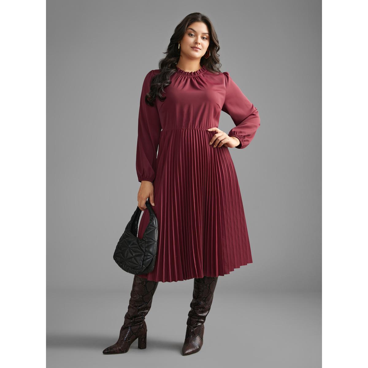 Plus Size Mock Neck Frill Trim Pleated Dress Burgundy Women At the Office Gathered Mock Neck Long Sleeve Curvy BloomChic 26/4X Product Image