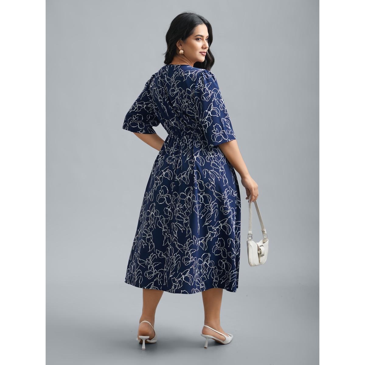 Plus Size Surplice Neck Abstract Print Fit Midi Dress Navy Women At the Office Gathered Overlap Collar Elbow-length sleeve Curvy BloomChic 18-20/2X Product Image