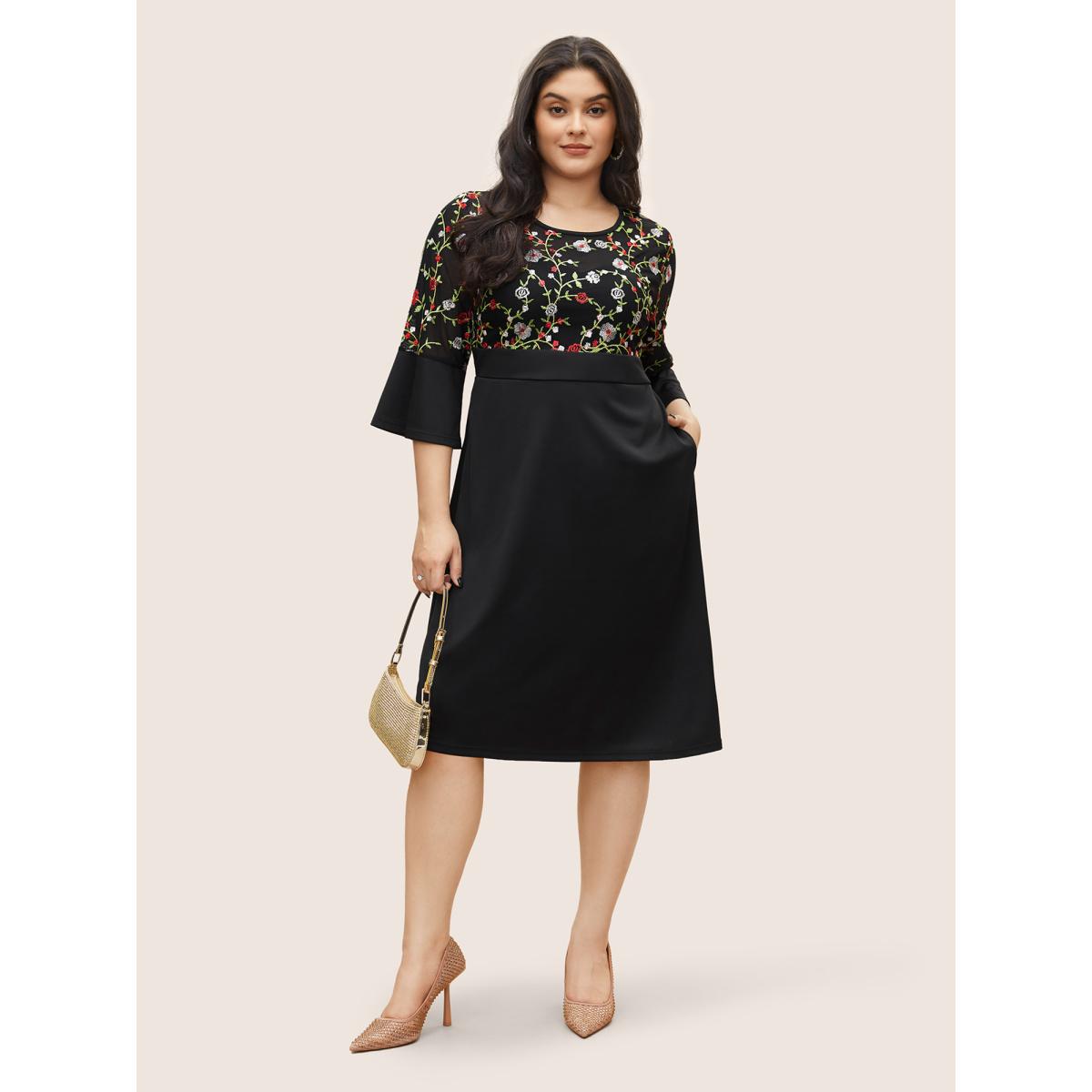 Plus Size Floral Embroidered Pocket Mesh Patchwork Dress Black Women Cocktail Non Round Neck Elbow-length sleeve Curvy Midi Dress BloomChic 26/4X Product Image