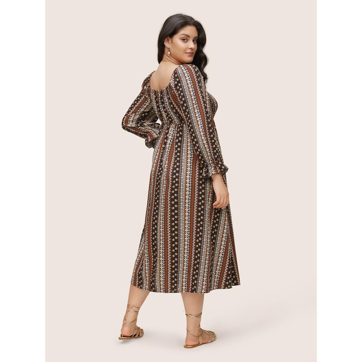 Plus Size Bandana Print Square Neck Shirred Gathered Dress Multicolor Women Vacation Gathered Square Neck Long Sleeve Curvy Midi Dress BloomChic 22-24/3X Product Image