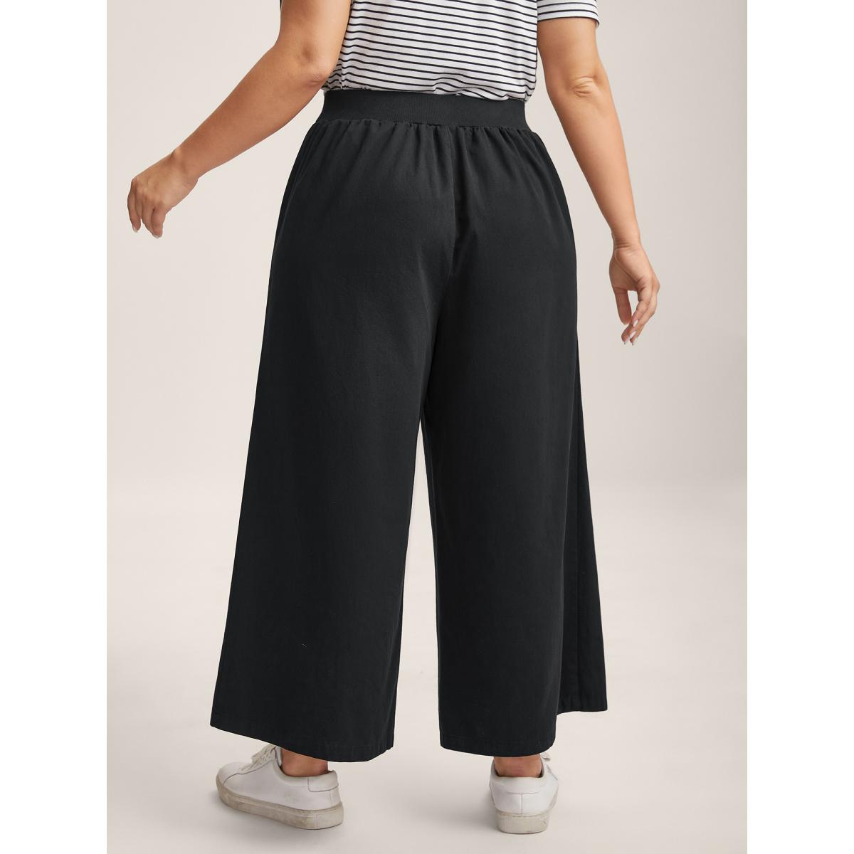 Plus Size Cotton Threaded Spliced Wide-Leg Pants Women Black Casual Wide Leg Mid Rise Everyday-Casual Pants BloomChic 22-24/3X Product Image