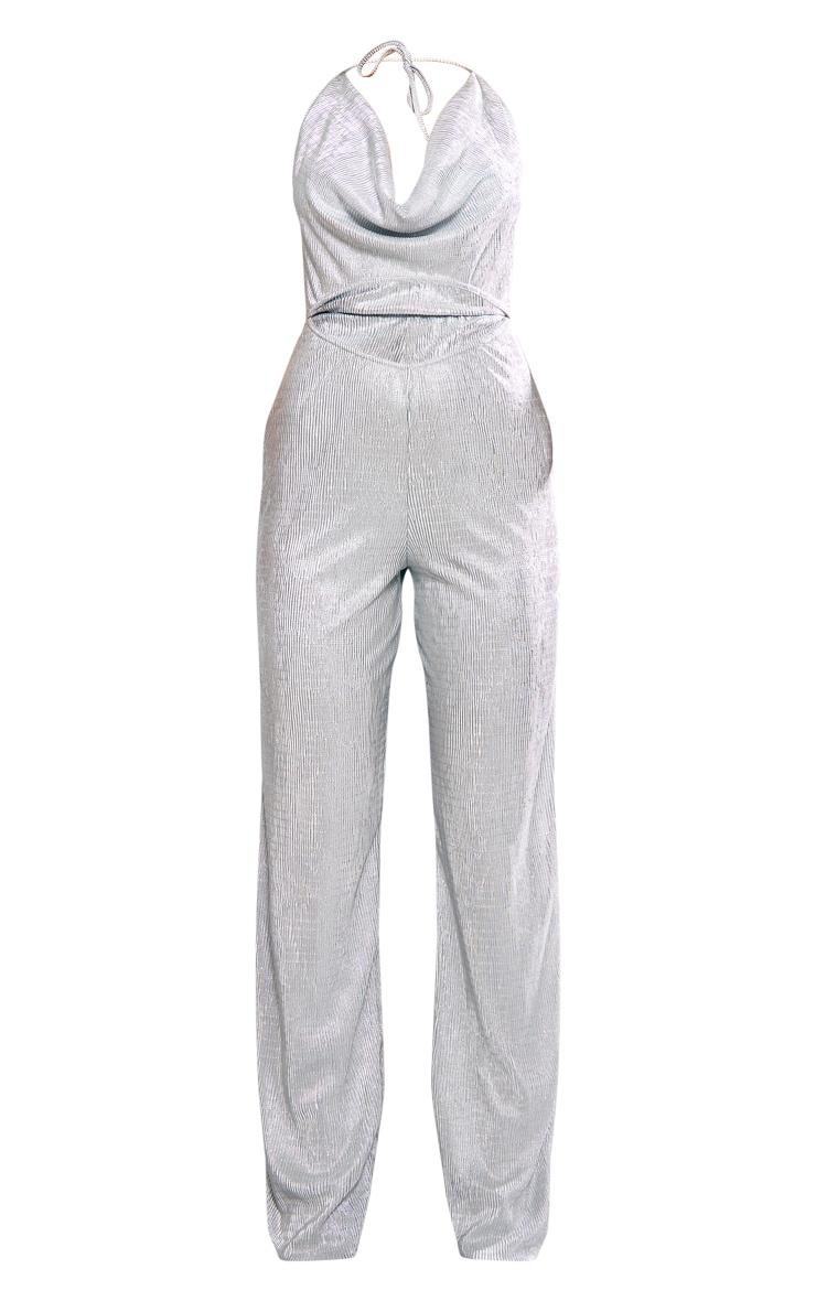 Silver Glitter Plisse Halterneck Cowl Cut Out Wide Leg Jumpsuit Product Image