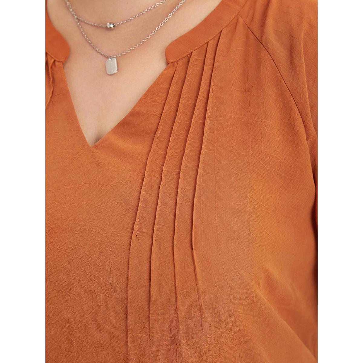 Plus Size Maroon Solid Notched Pleated Mesh Raglan Sleeve Blouse Women Casual Short sleeve V-neck Dailywear Blouses BloomChic 26/4X Product Image